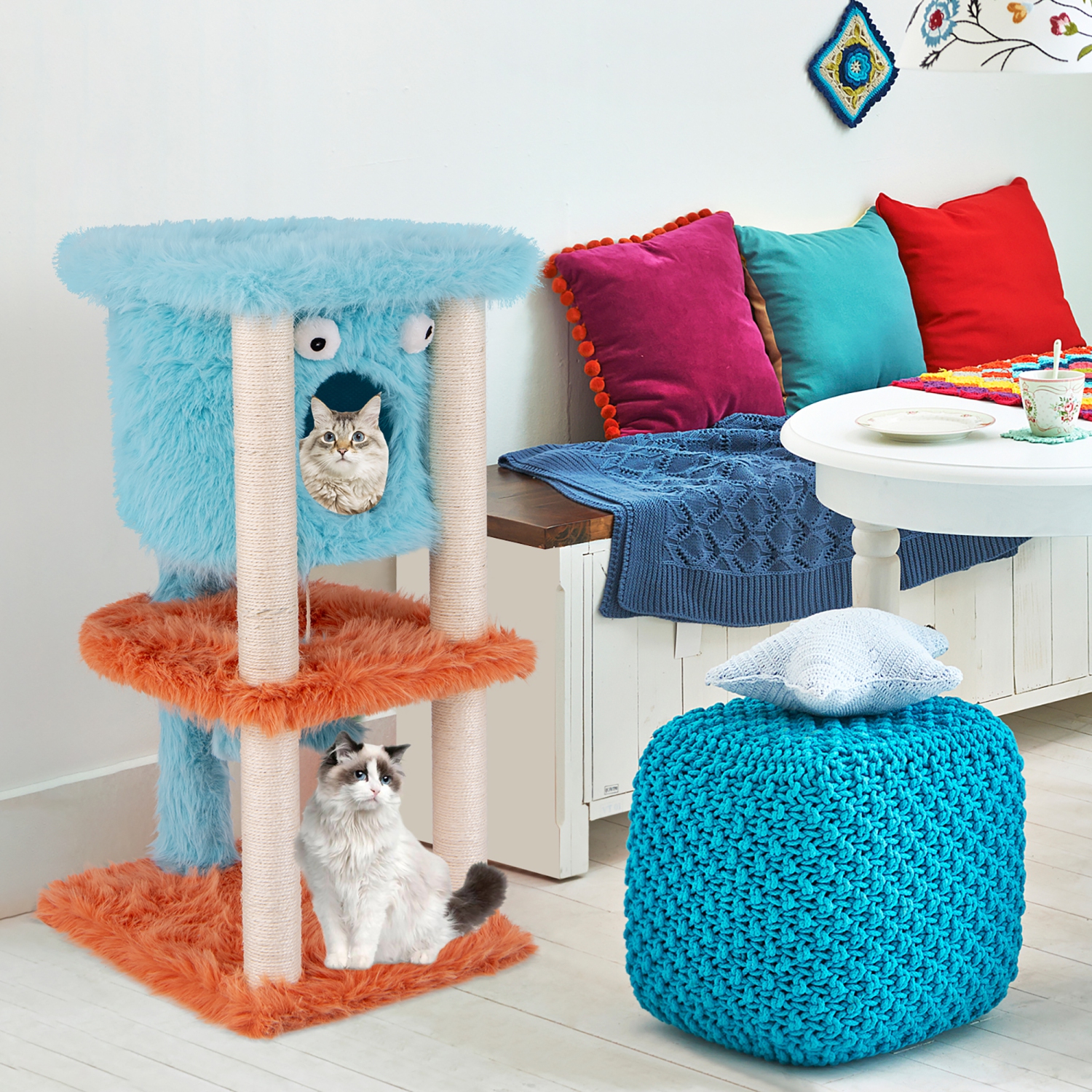 Gymax Monster-Themed Cat Tree w/ Private Condo Soft Long Plush Sisal Scratching Posts