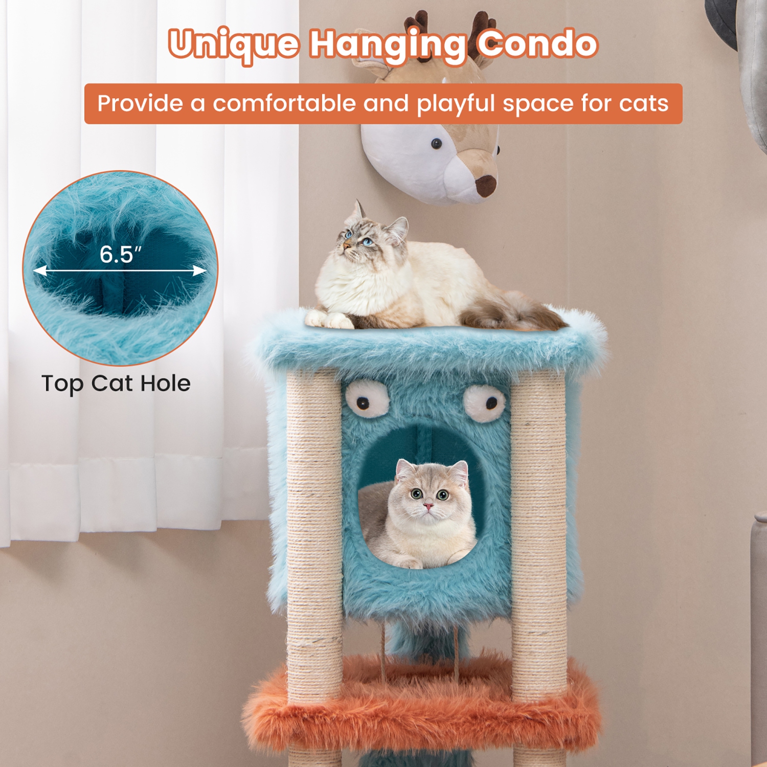 Gymax Monster-Themed Cat Tree w/ Private Condo Soft Long Plush Sisal Scratching Posts