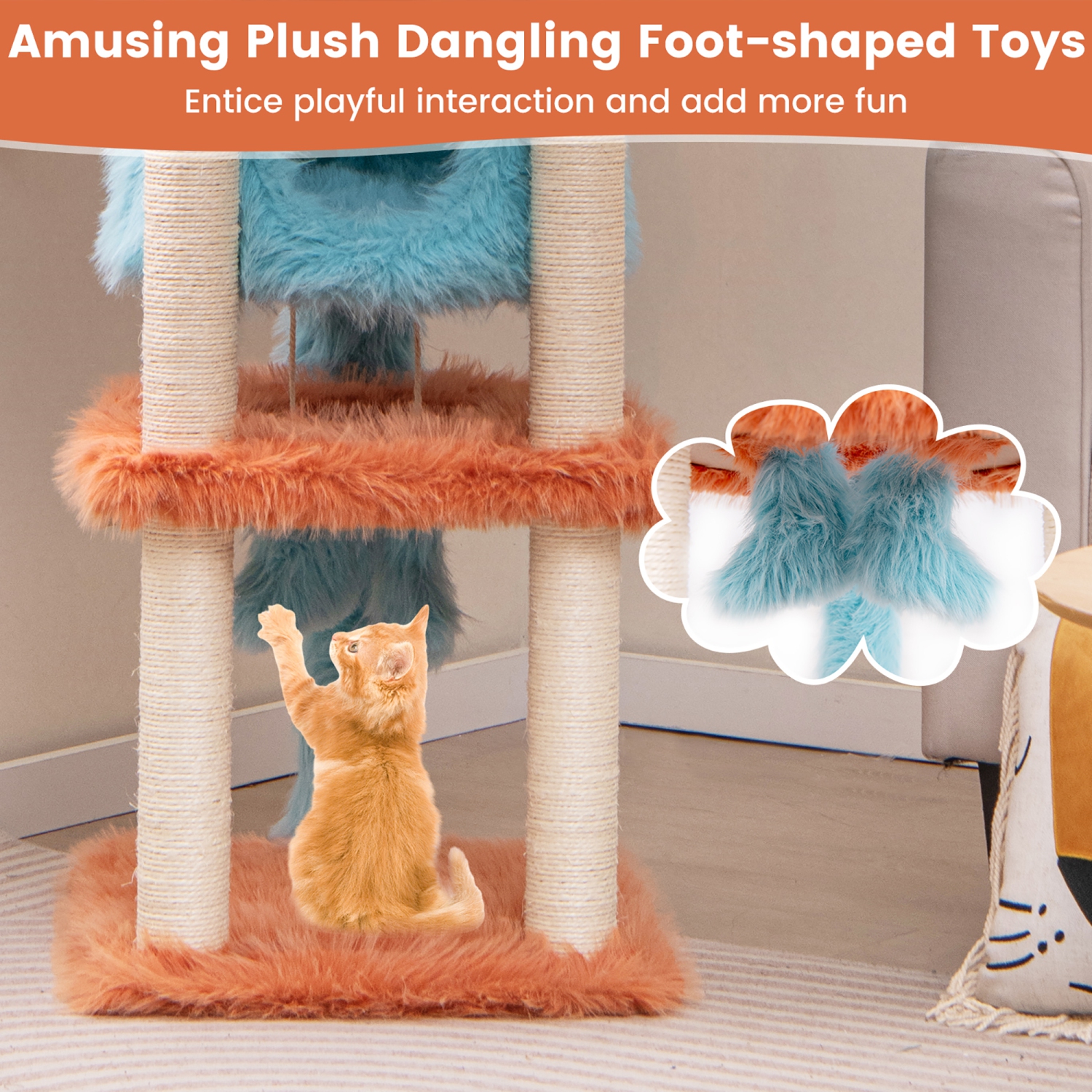 Gymax Monster-Themed Cat Tree w/ Private Condo Soft Long Plush Sisal Scratching Posts
