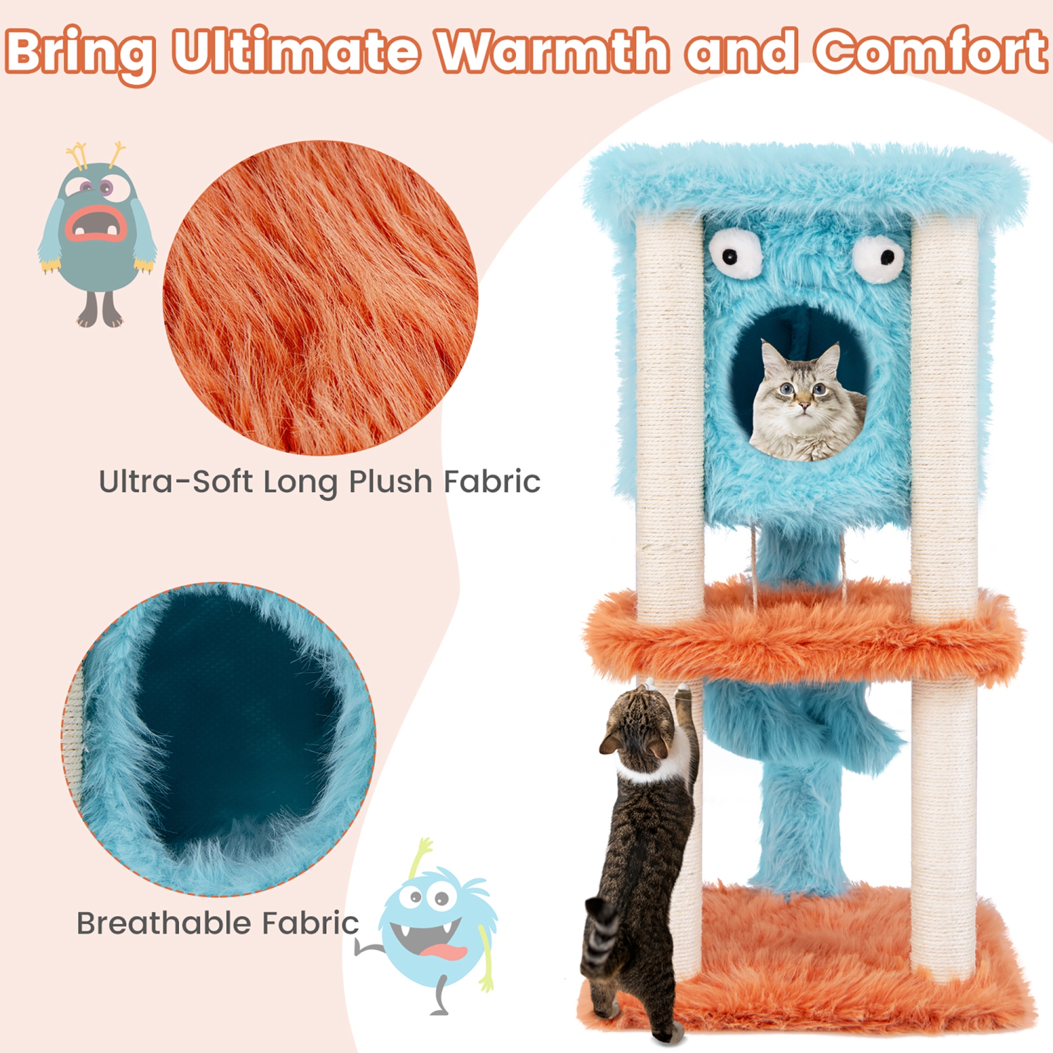 Gymax Monster-Themed Cat Tree w/ Private Condo Soft Long Plush Sisal Scratching Posts