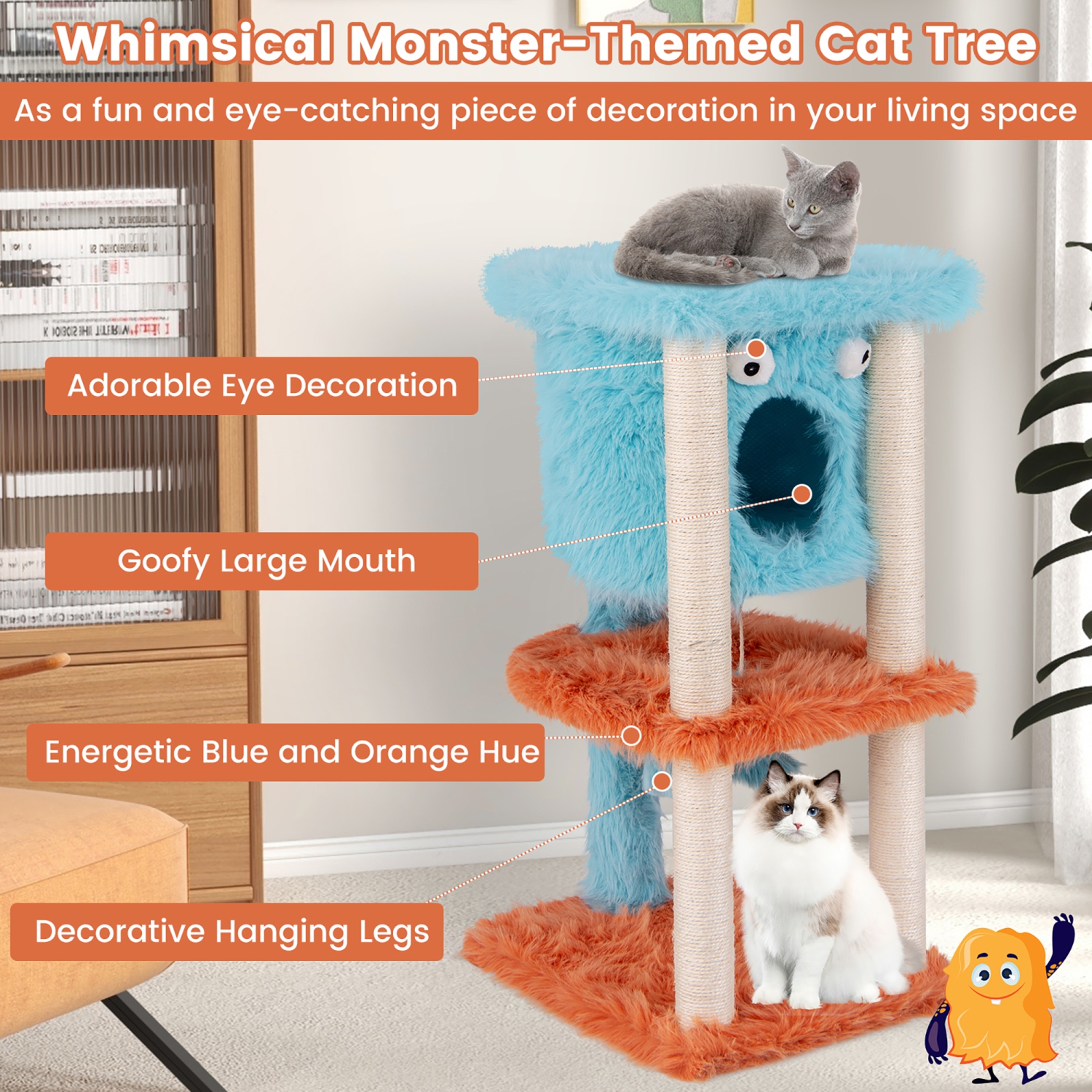 Gymax Monster-Themed Cat Tree w/ Private Condo Soft Long Plush Sisal Scratching Posts