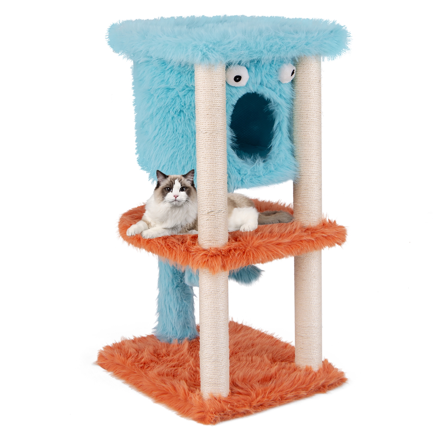 Gymax Monster-Themed Cat Tree w/ Private Condo Soft Long Plush Sisal Scratching Posts