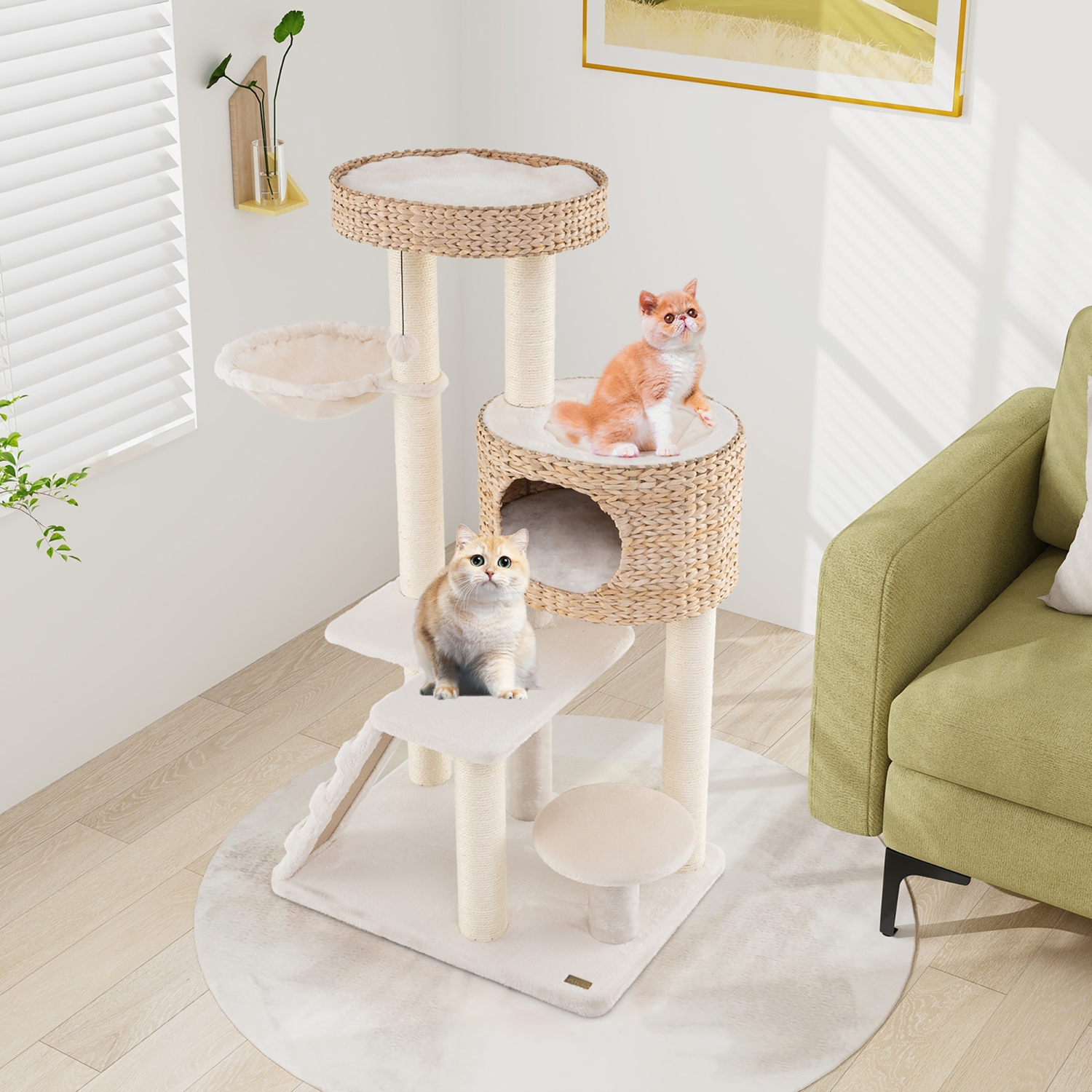 Gymax Modern Cat Tower w/ Cattail Fluff Condo & Top Perch Sisal Scratching Posts