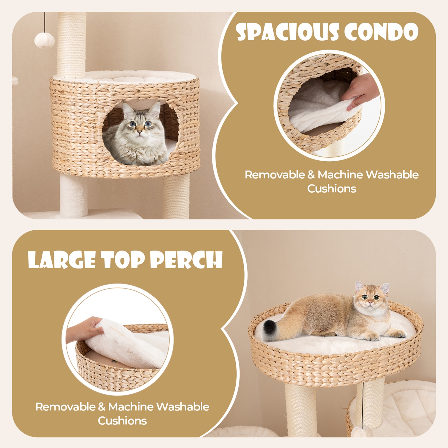 Gymax Modern Cat Tower w/ Cattail Fluff Condo & Top Perch Sisal Scratching Posts