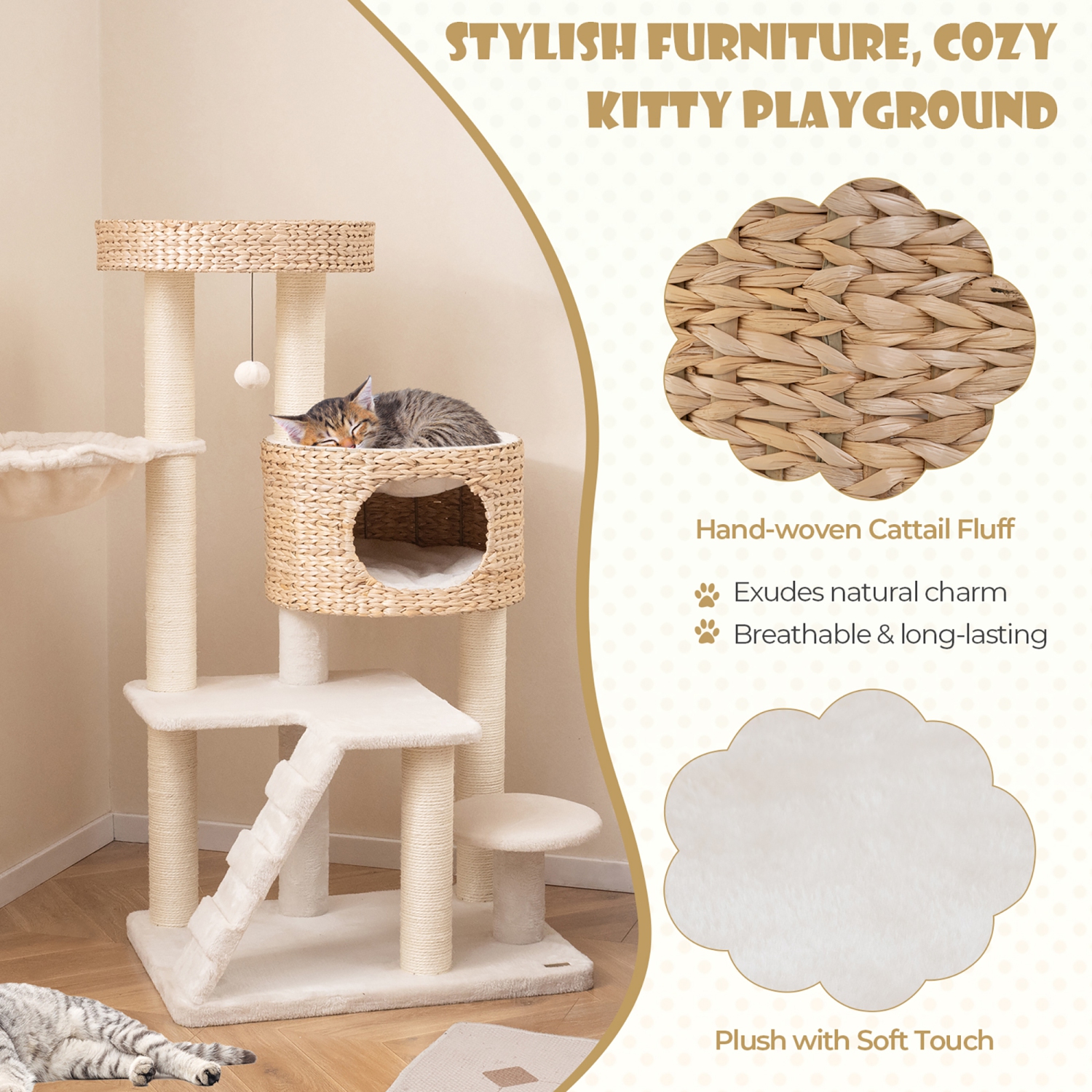 Gymax Modern Cat Tower w/ Cattail Fluff Condo & Top Perch Sisal Scratching Posts