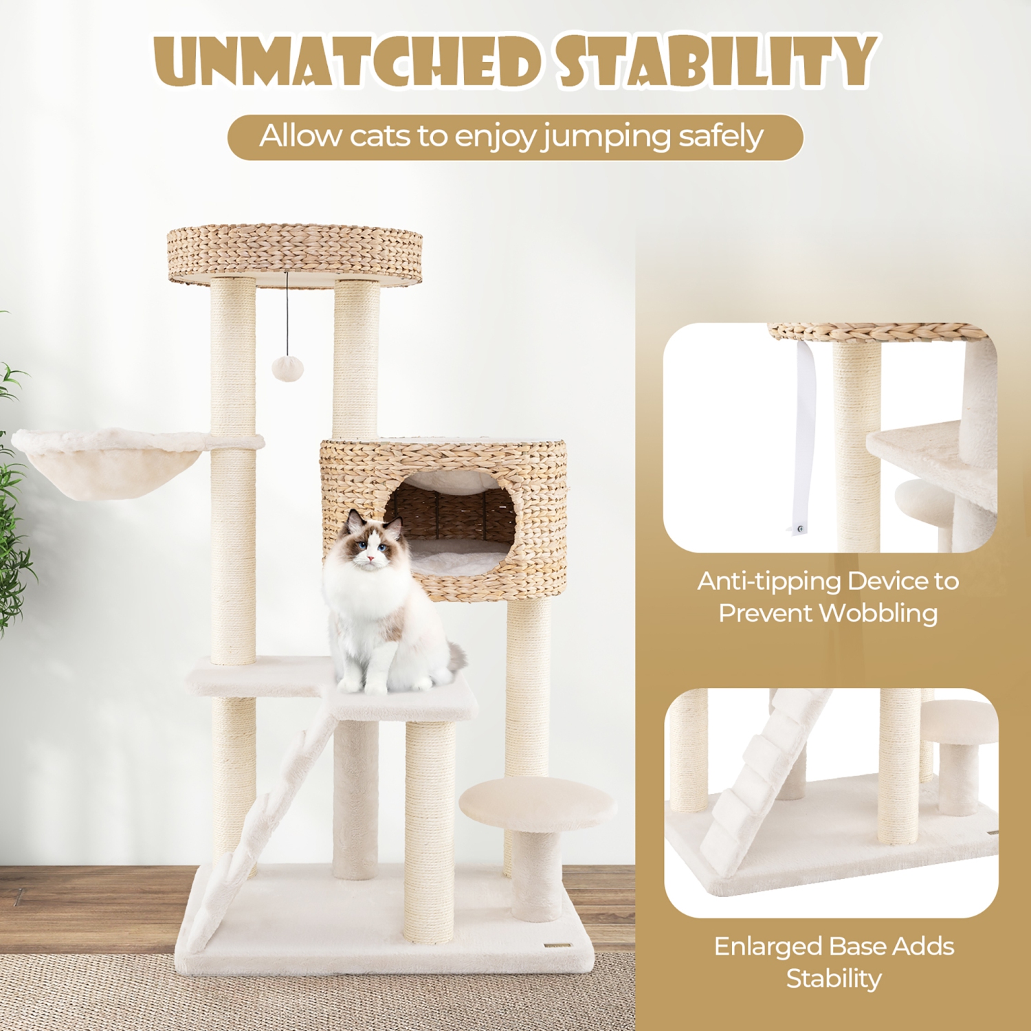 Gymax Modern Cat Tower w/ Cattail Fluff Condo & Top Perch Sisal Scratching Posts