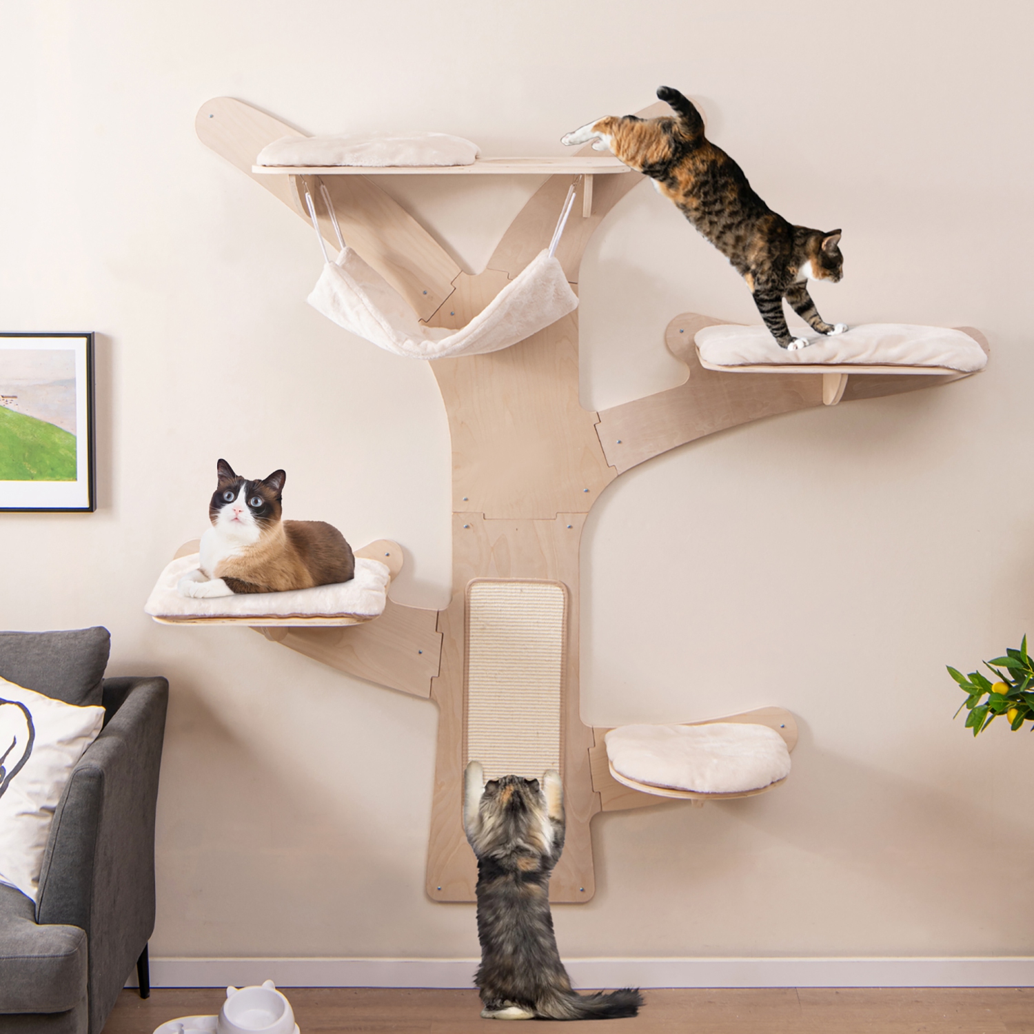 Gymax Wall-Mounted Cat Tower w/ Hammock 4 Platforms Sisal Scratching Mat for Indoor