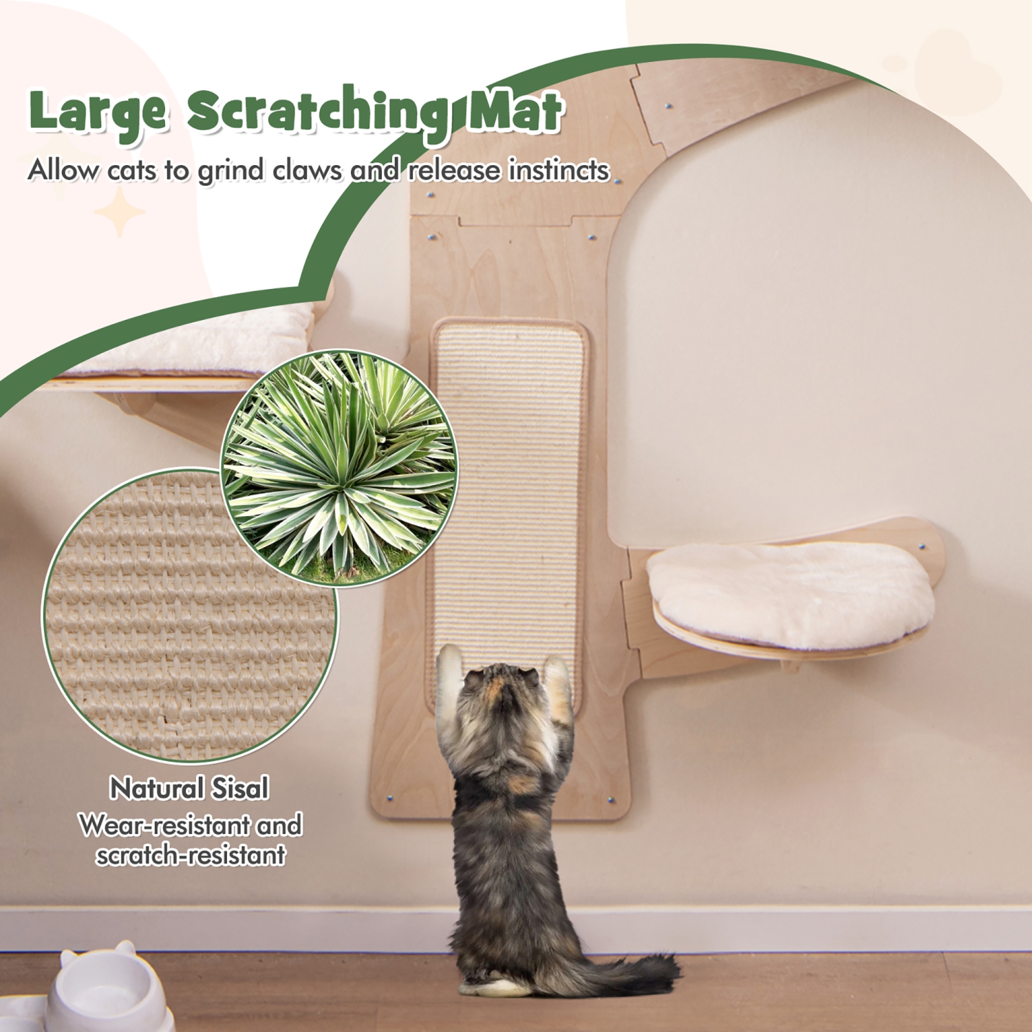 Gymax Wall-Mounted Cat Tower w/ Hammock 4 Platforms Sisal Scratching Mat for Indoor