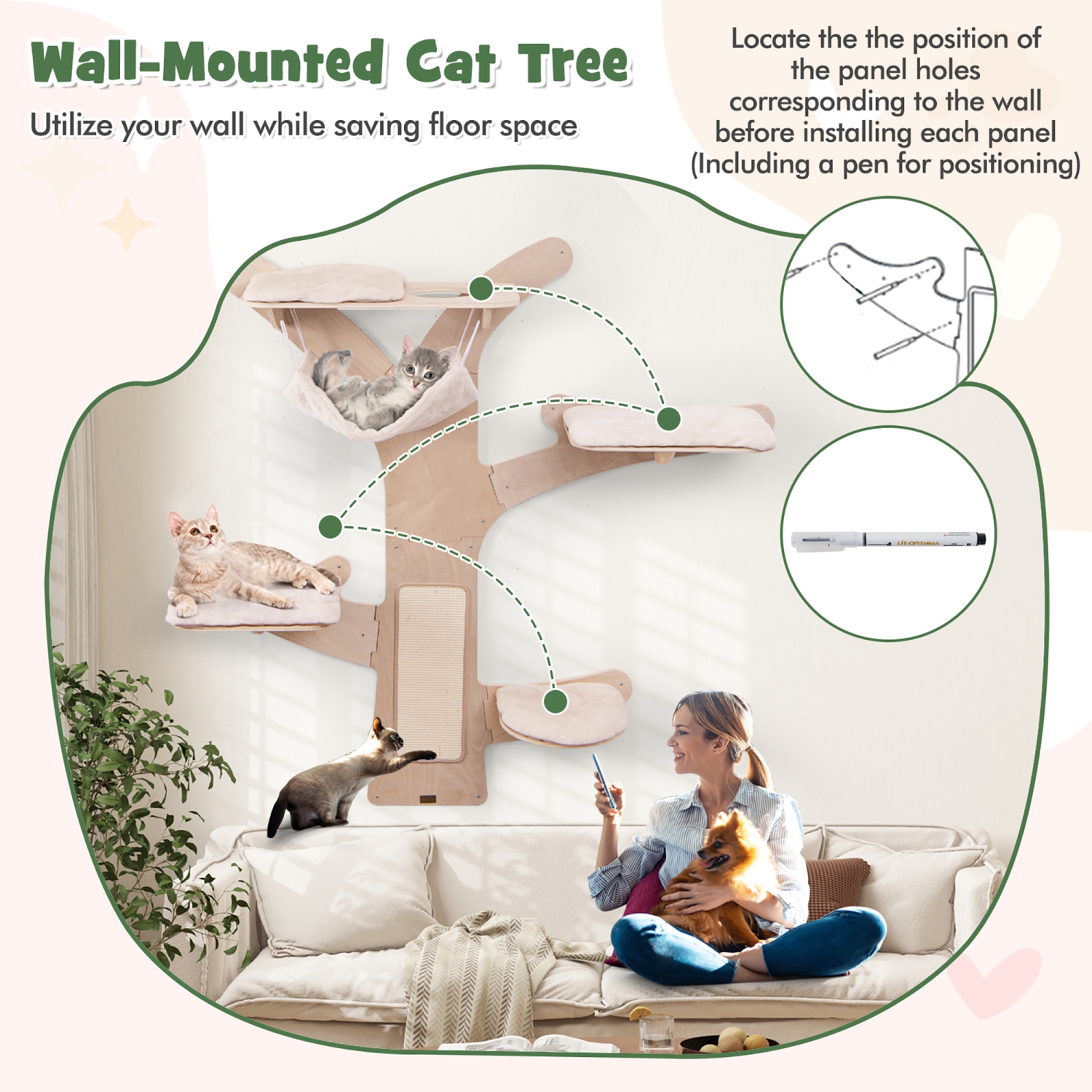 Gymax Wall-Mounted Cat Tower w/ Hammock 4 Platforms Sisal Scratching Mat for Indoor