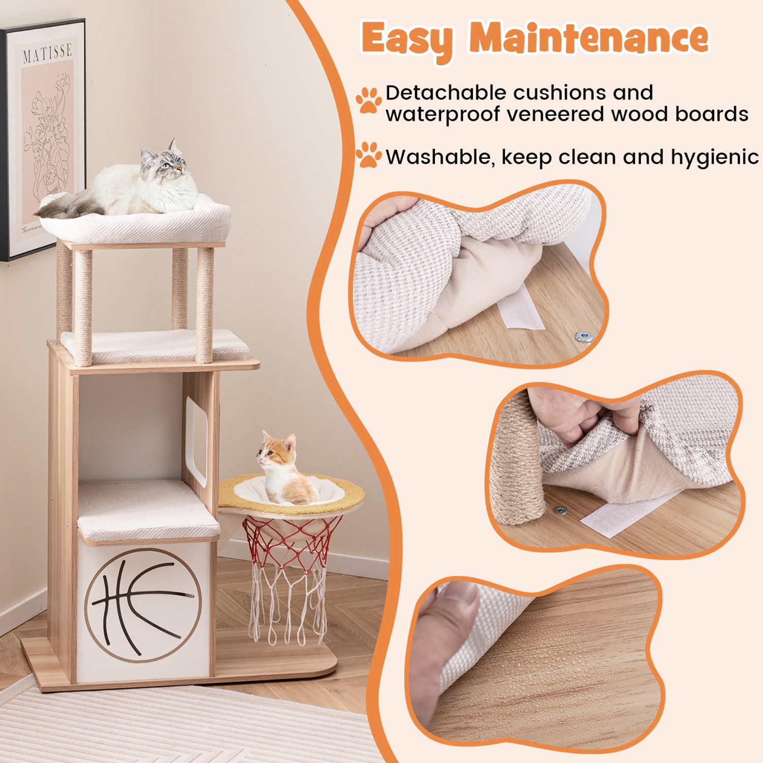 Gymax 47'' Wooden Cat Tree w/ 2-Story Cat Condo 2 Perches Basketball Hoop Hammock