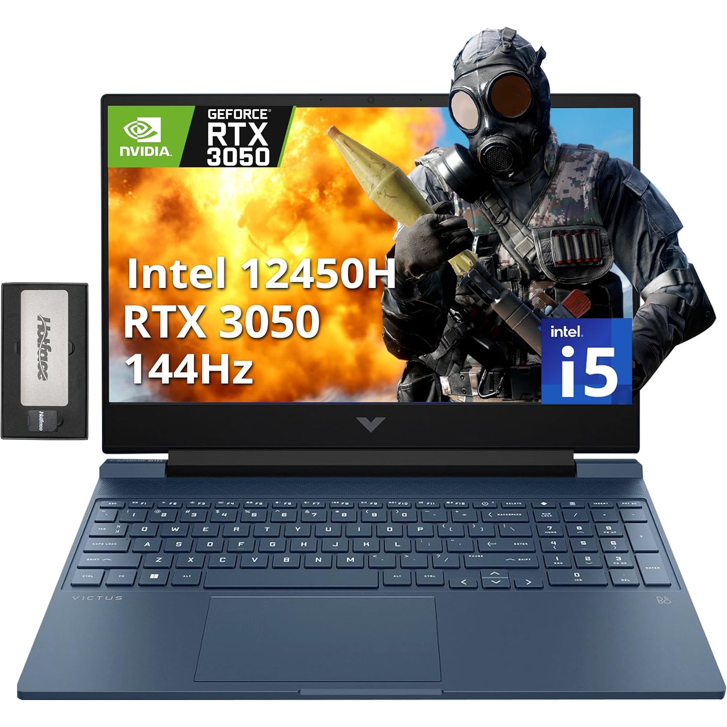 HP Victus 15.6" FHD 144Hz Gaming Laptop, Intel i5-12450H, 512GB PCIe SSD, 8GB RAM, NVIDIA GeForce RTX 3050, Backlit KB, FHD Camera, Win 11 Pro, Blue, 256GB Docking Station Set