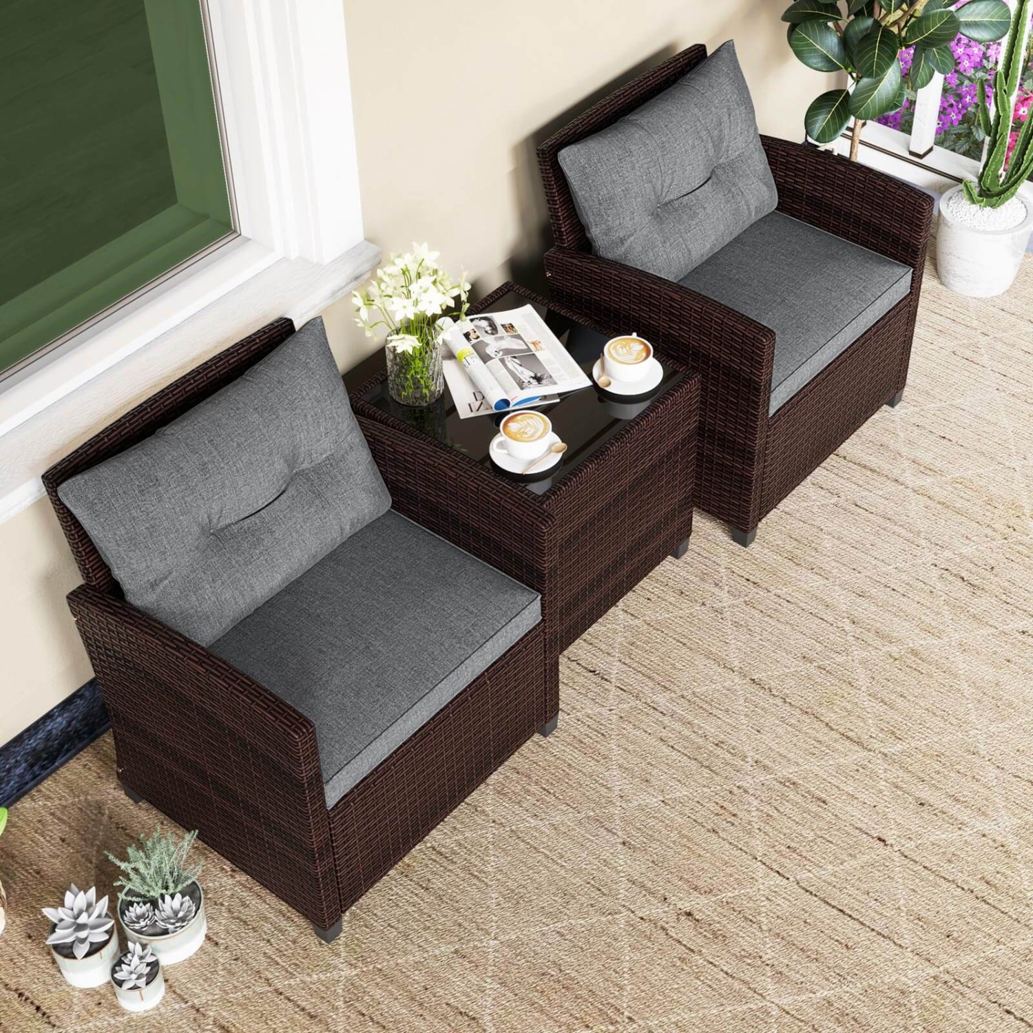 Ensemble de patio de 3PCS pièces en rotin de Costway avec divan rembourré