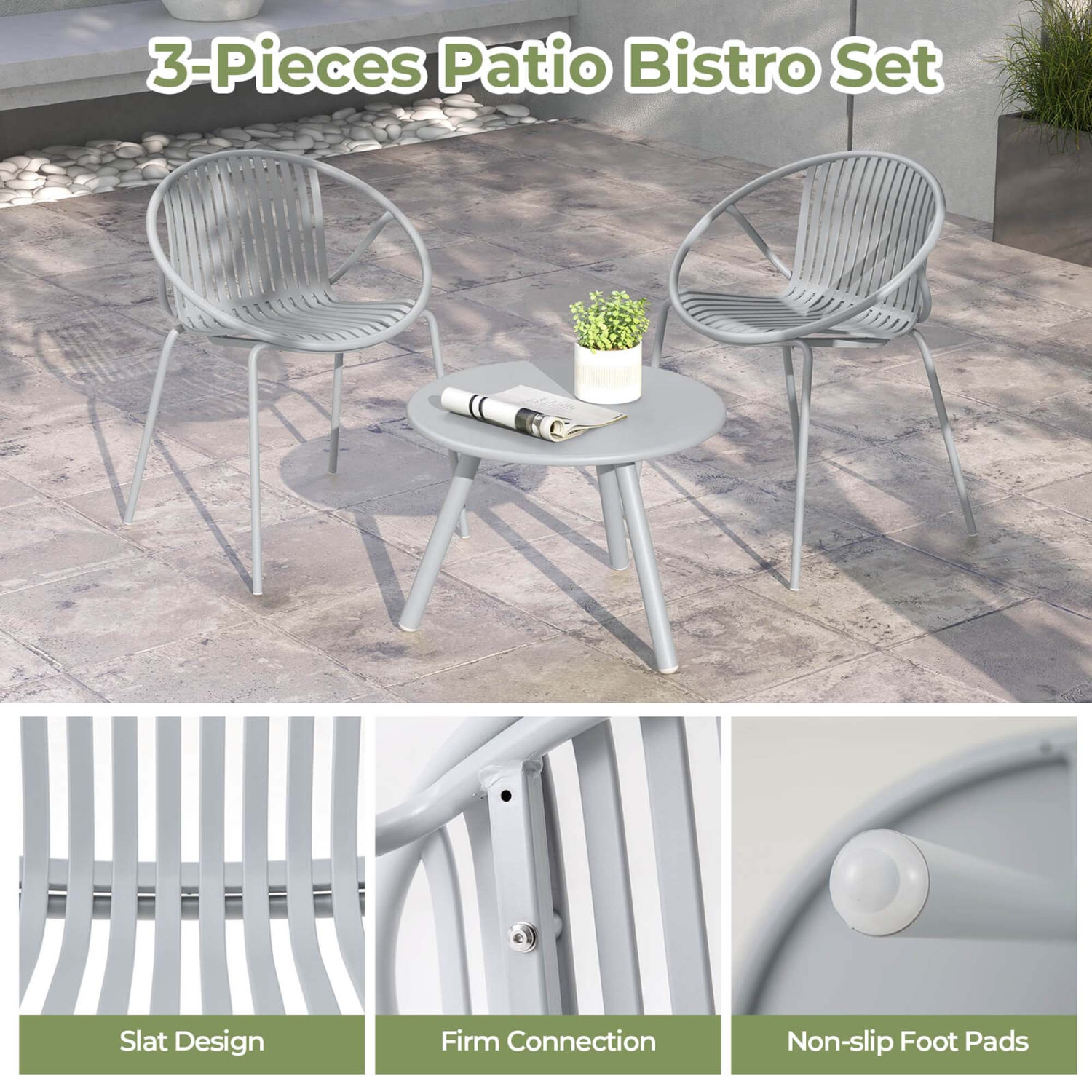 Ensemble bistro de 3 pièces de Costway pour patio en polypropylène résistant aux intempéries avec table basse ronde
