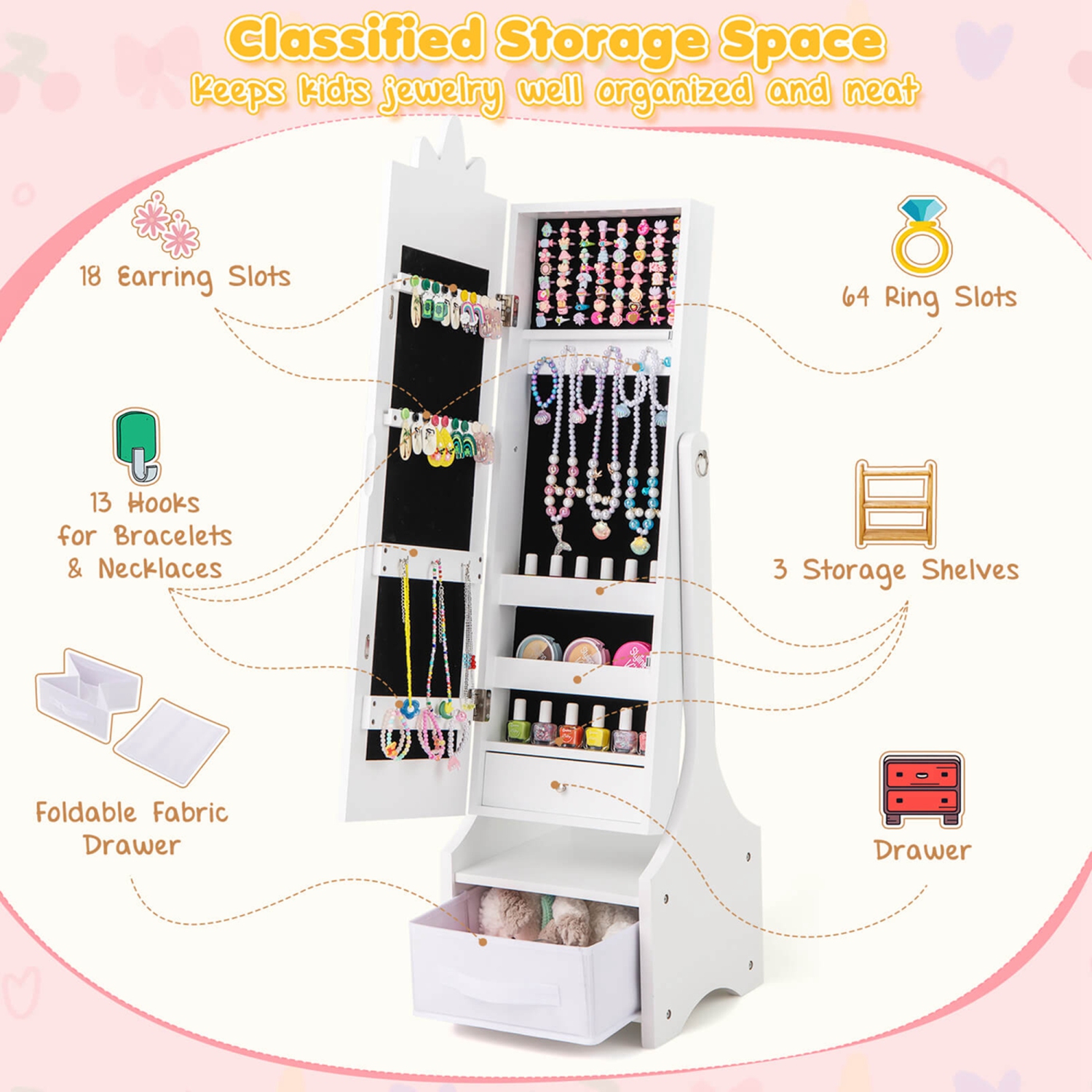 Armoire à bijoux pour enfants avec tiroir à miroir pleine longueur à 2 angles d'inclinaison ajustables de Costway