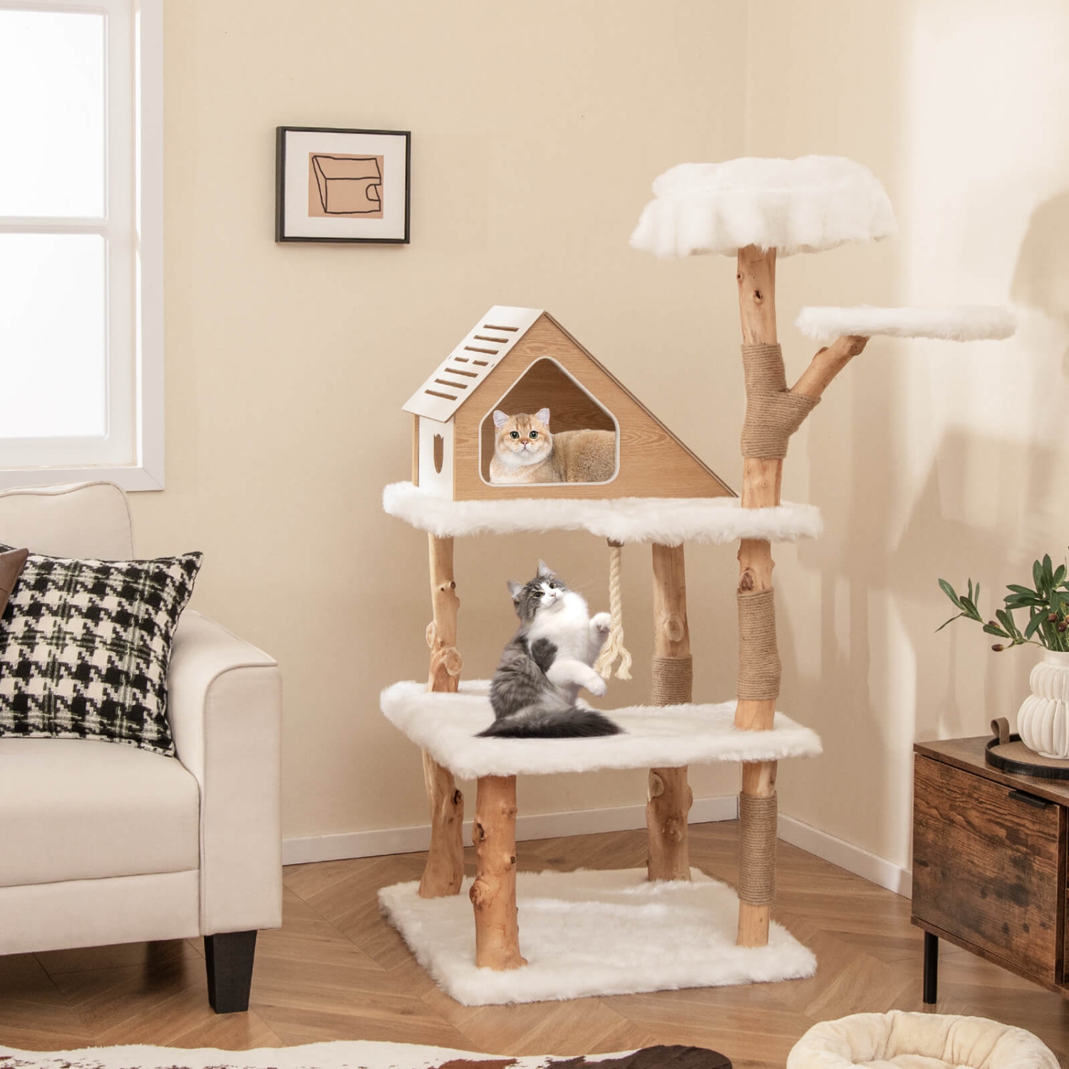 Costway 60" Tall Solid Wood Cat Tree with 2 Perches Condo Jute Scratching Posts Sisal Rope