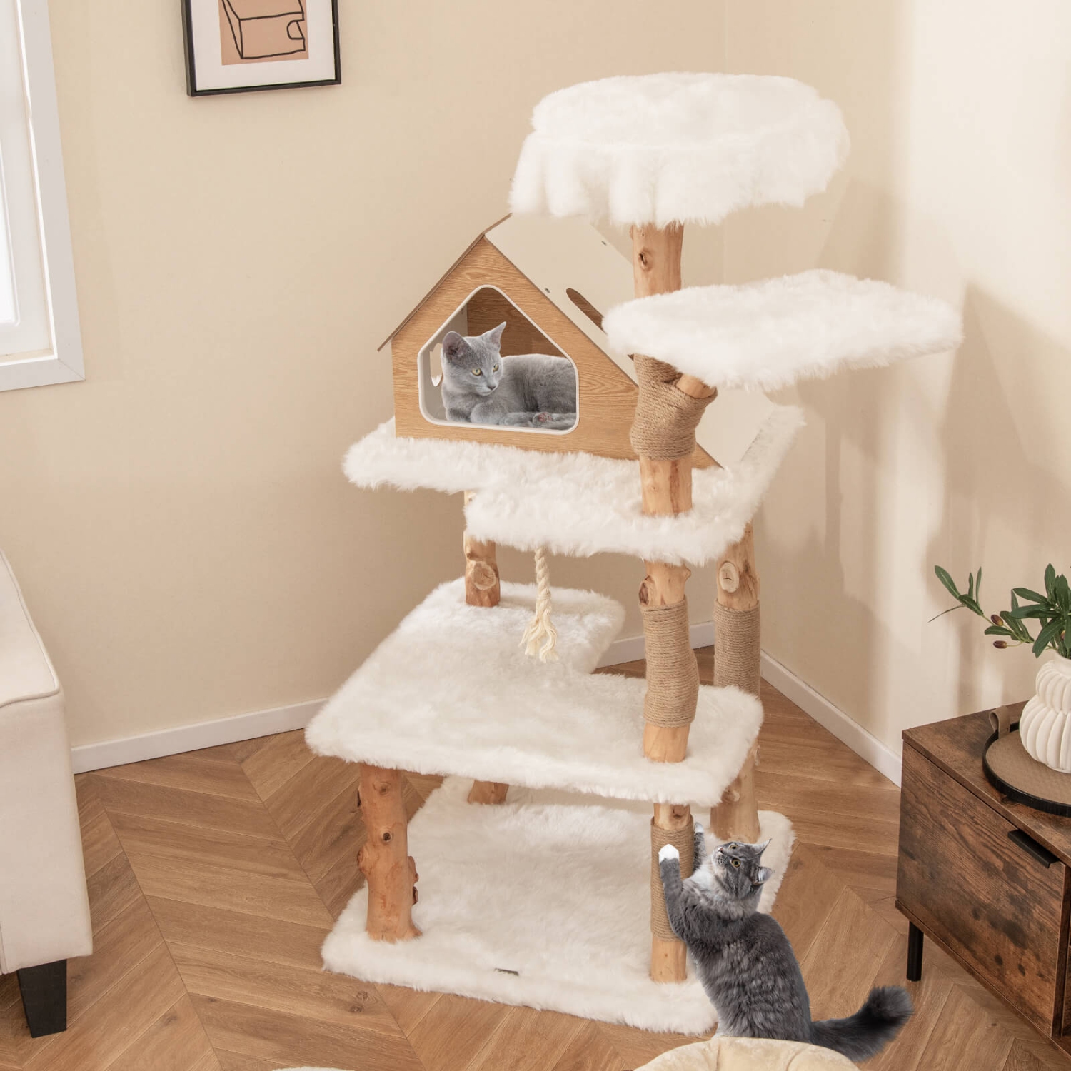 Costway 60" Tall Solid Wood Cat Tree with 2 Perches Condo Jute Scratching Posts Sisal Rope