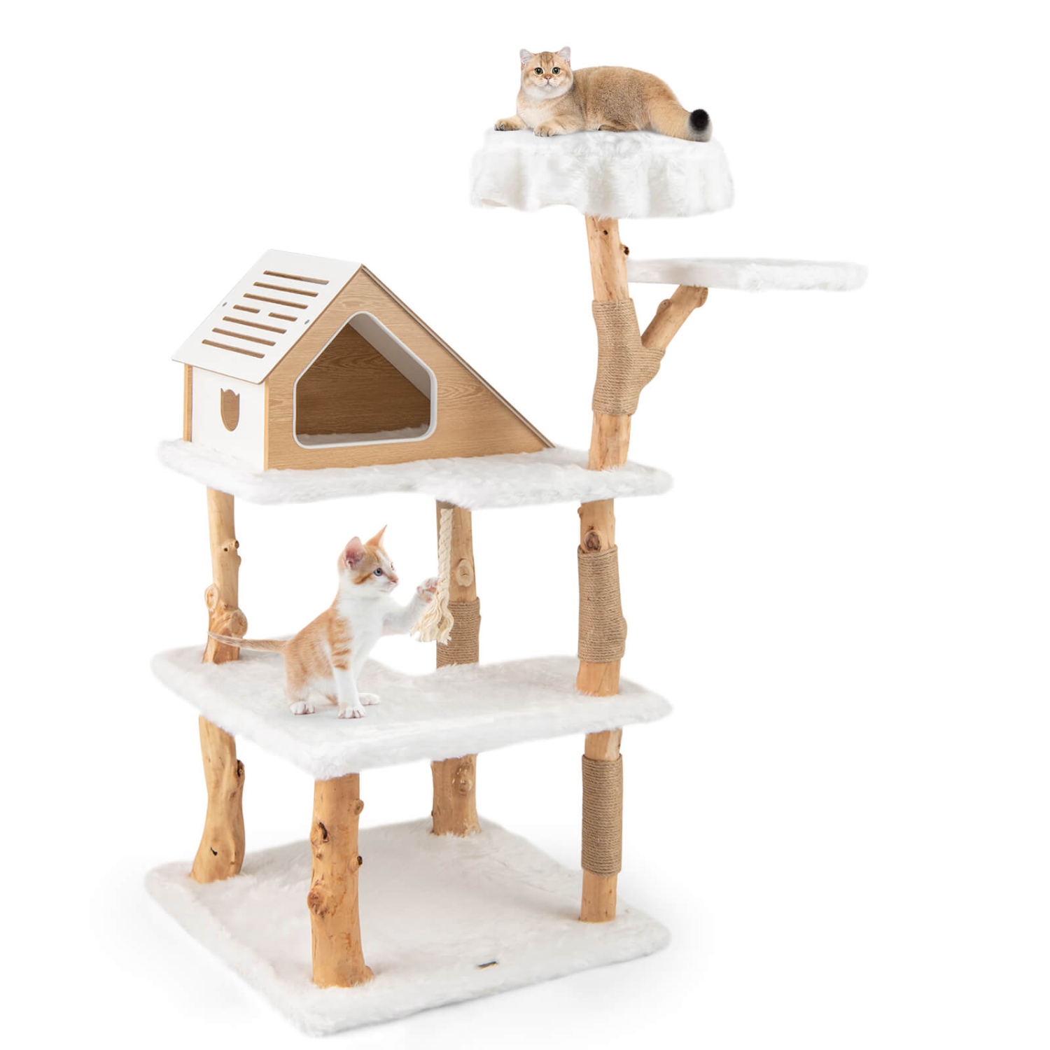 Costway 60" Tall Solid Wood Cat Tree with 2 Perches Condo Jute Scratching Posts Sisal Rope