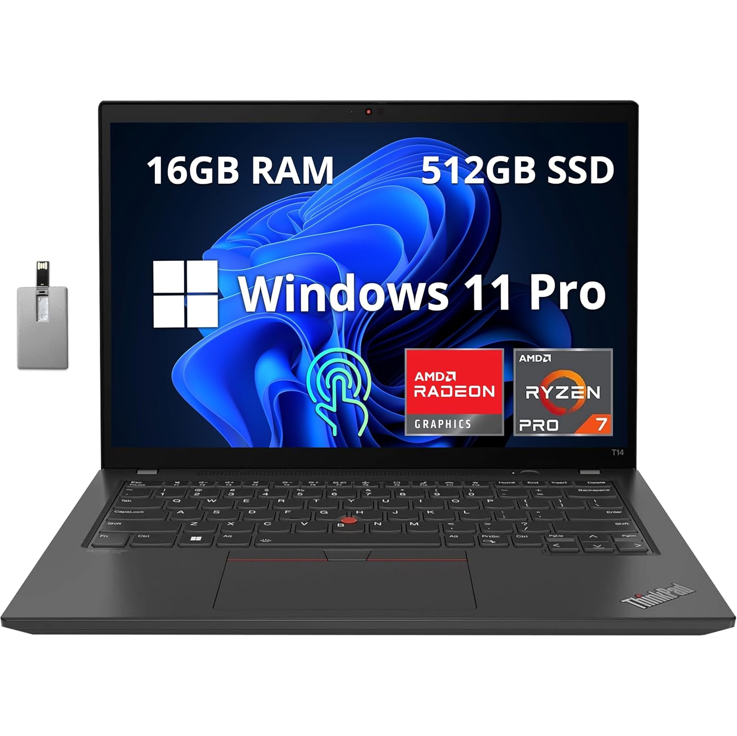 Lenovo Thinkpad T14 Gen 3 14.0" WUXGA 300 nits Business Laptop, AMD Ryzen 7 PRO 6850U, 512GB PCIe SSD, 16GB RAM, Fingerprint Reader, Win11 Pro, Black, 32GB USB Card