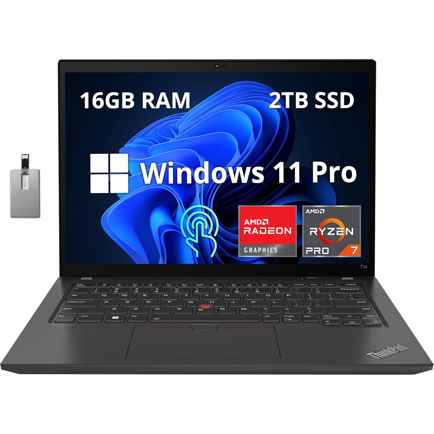 Lenovo Thinkpad T14 Gen 3 14.0" WUXGA 300 nits Business Laptop, AMD Ryzen 7 PRO 6850U, 2TB PCIe SSD, 16GB RAM, Fingerprint Reader, AMD Radeon 680M, Win11 Pro, Black, 32GB USB Card