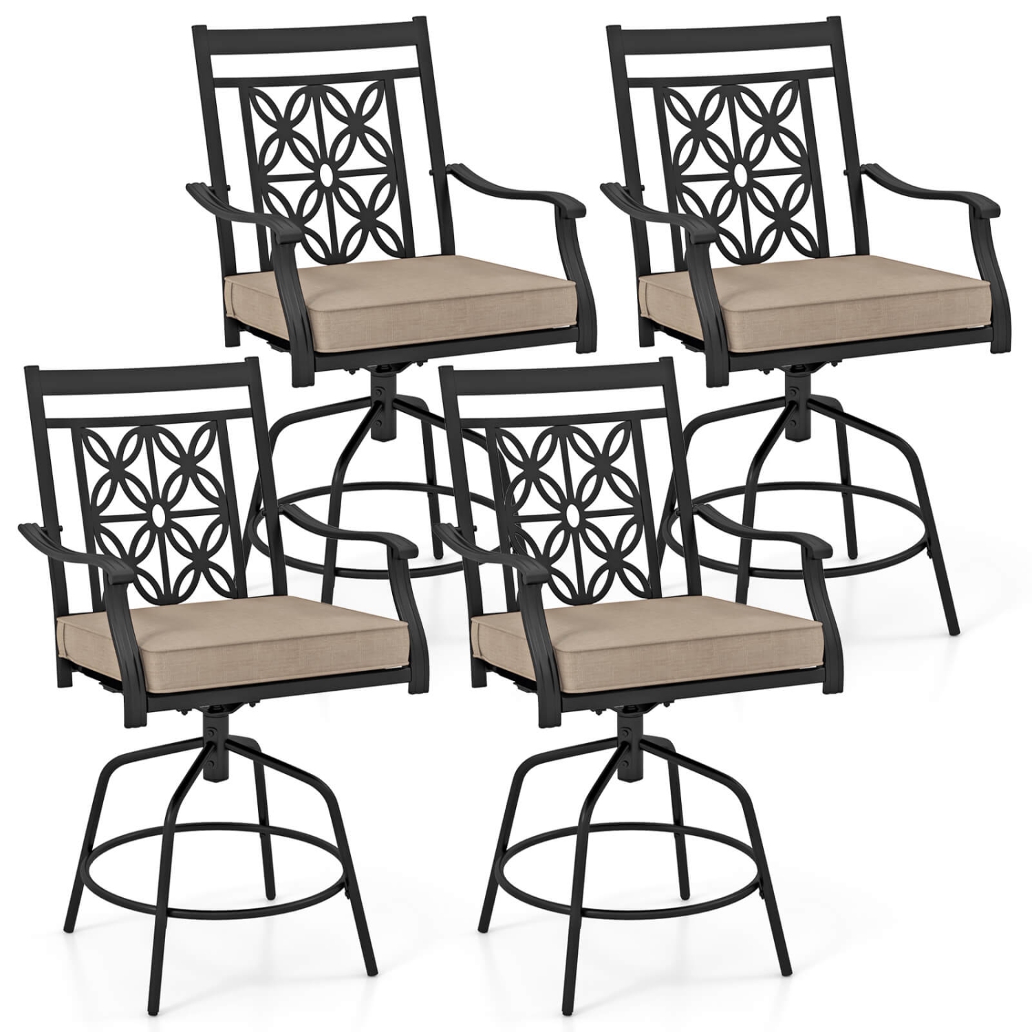 Costway Outdoor 360°Swivel Bar Stools Set of 4 with Seat Cushions High Back & Armrests