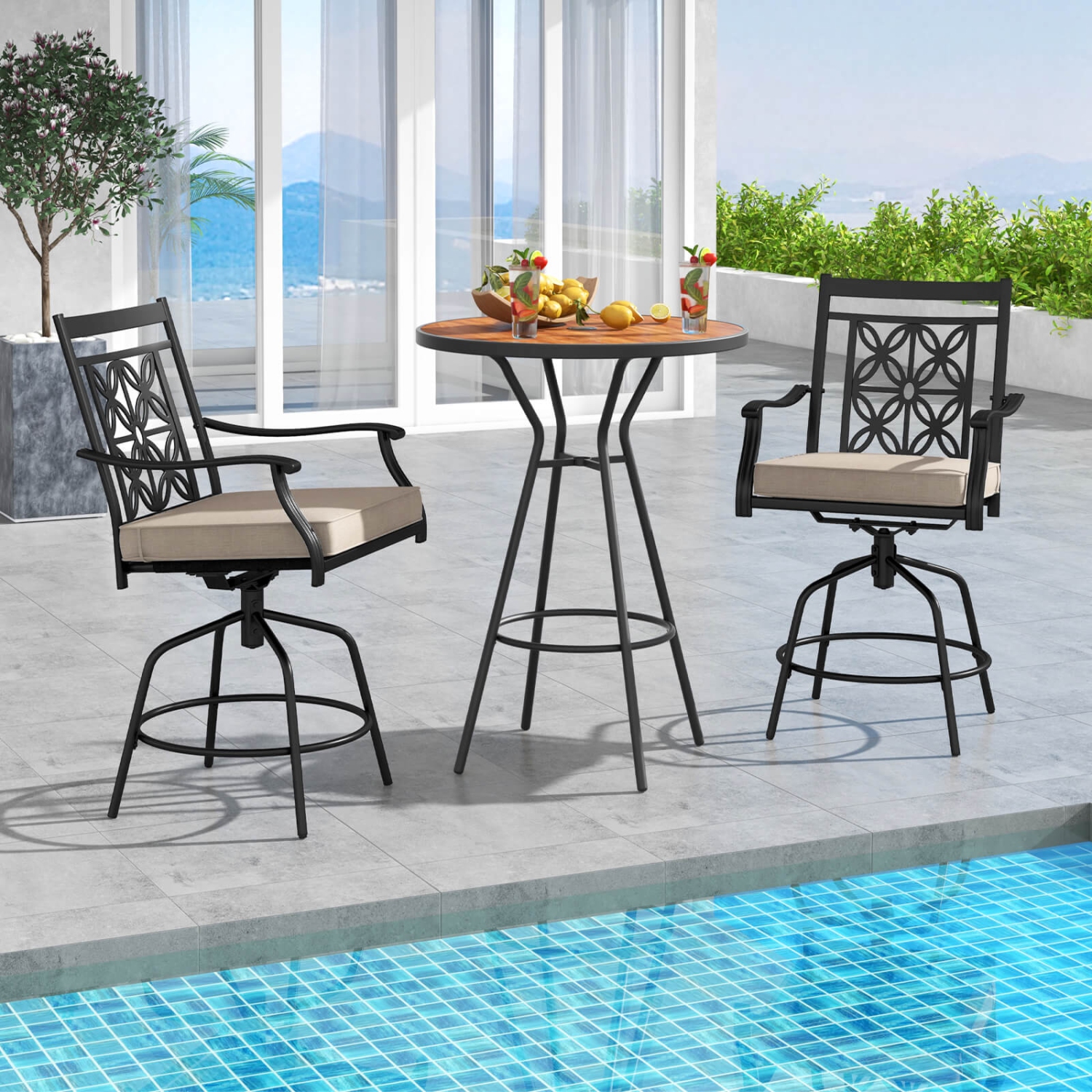 Costway Outdoor 360°Swivel Bar Stools Set of 4 with Seat Cushions High Back & Armrests