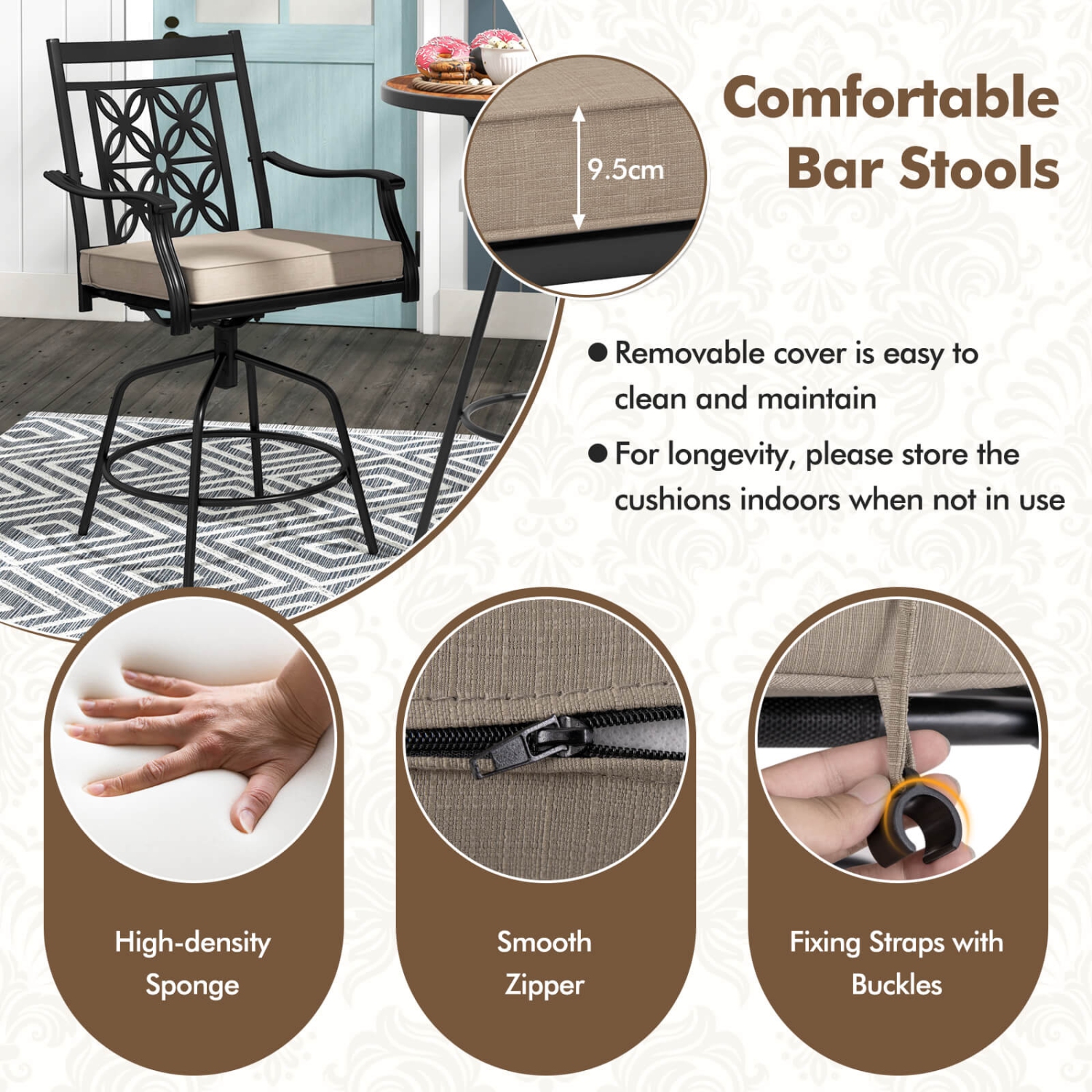 Costway Outdoor 360°Swivel Bar Stools Set of 4 with Seat Cushions High Back & Armrests