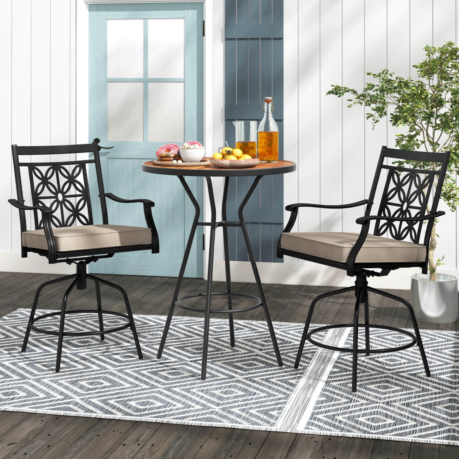 Costway Outdoor 360°Swivel Bar Stools Set of 2 with Seat Cushions High Back & Armrests