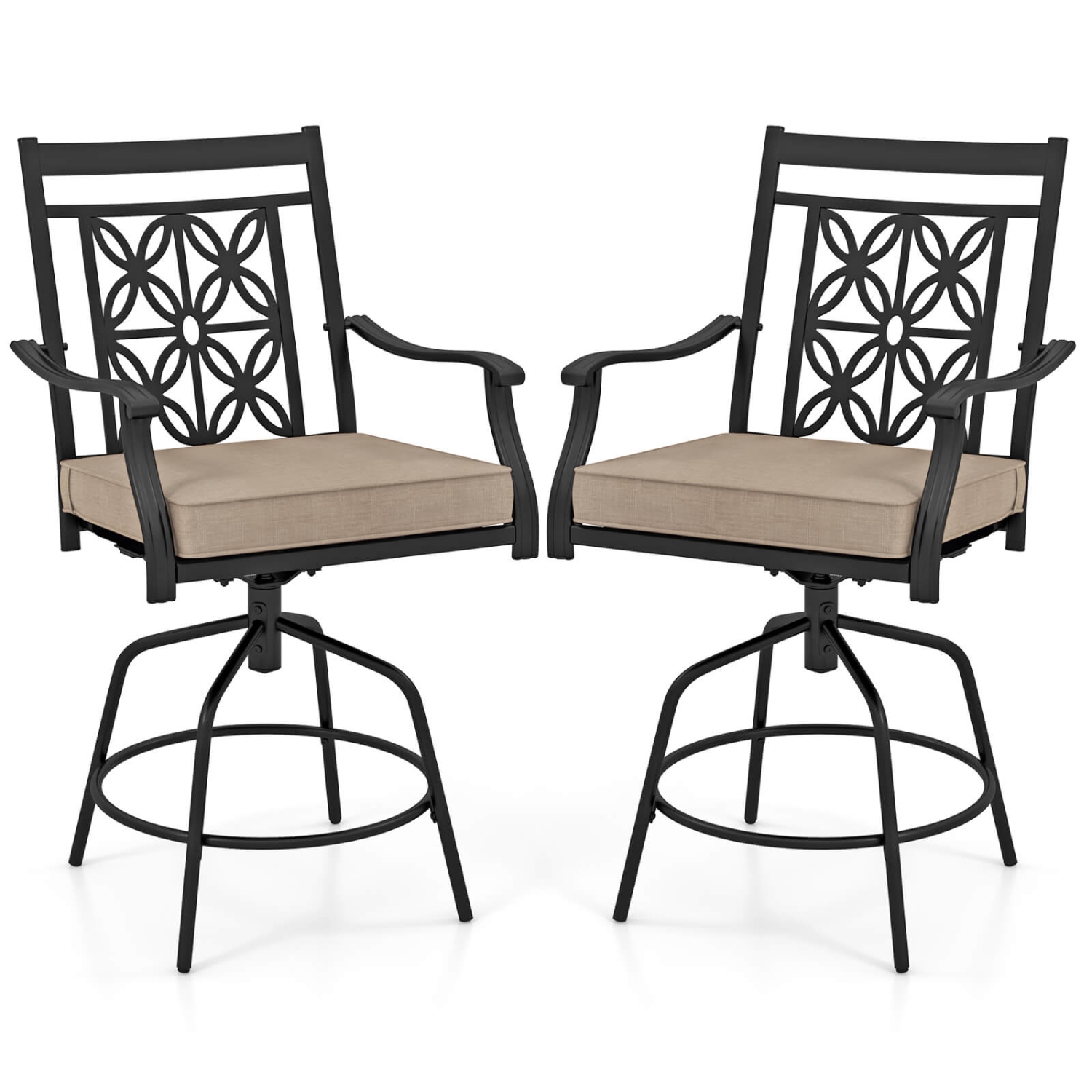 Costway Outdoor 360°Swivel Bar Stools Set of 2 with Seat Cushions High Back & Armrests