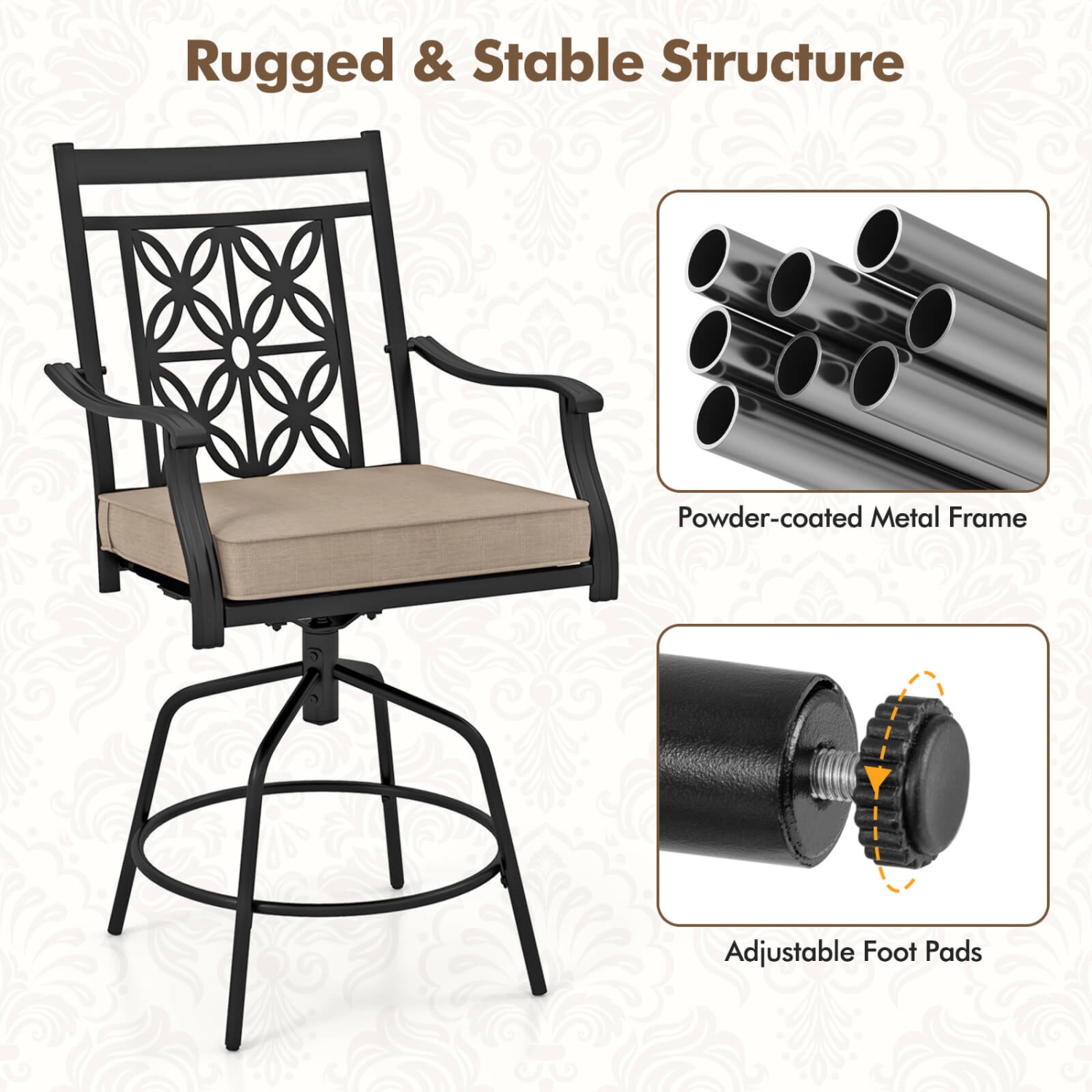 Costway Outdoor 360°Swivel Bar Stools Set of 2 with Seat Cushions High Back & Armrests