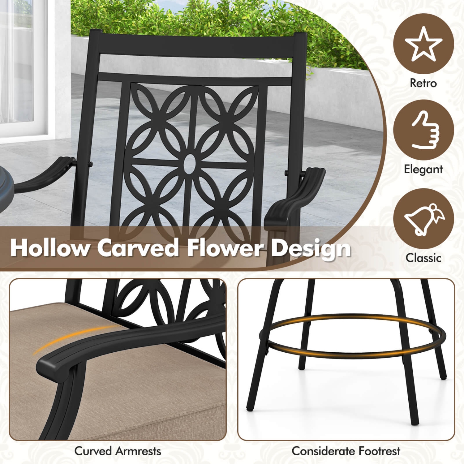 Costway Outdoor 360°Swivel Bar Stools Set of 2 with Seat Cushions High Back & Armrests