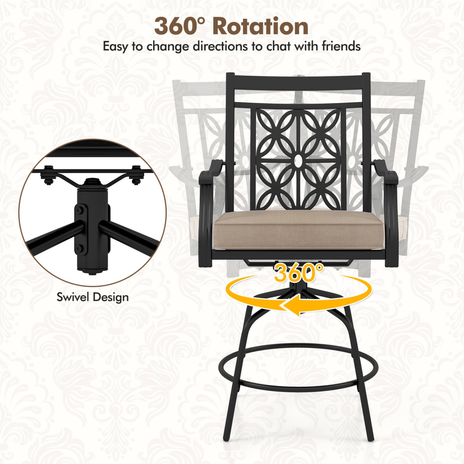 Costway Outdoor 360°Swivel Bar Stools Set of 2 with Seat Cushions High Back & Armrests