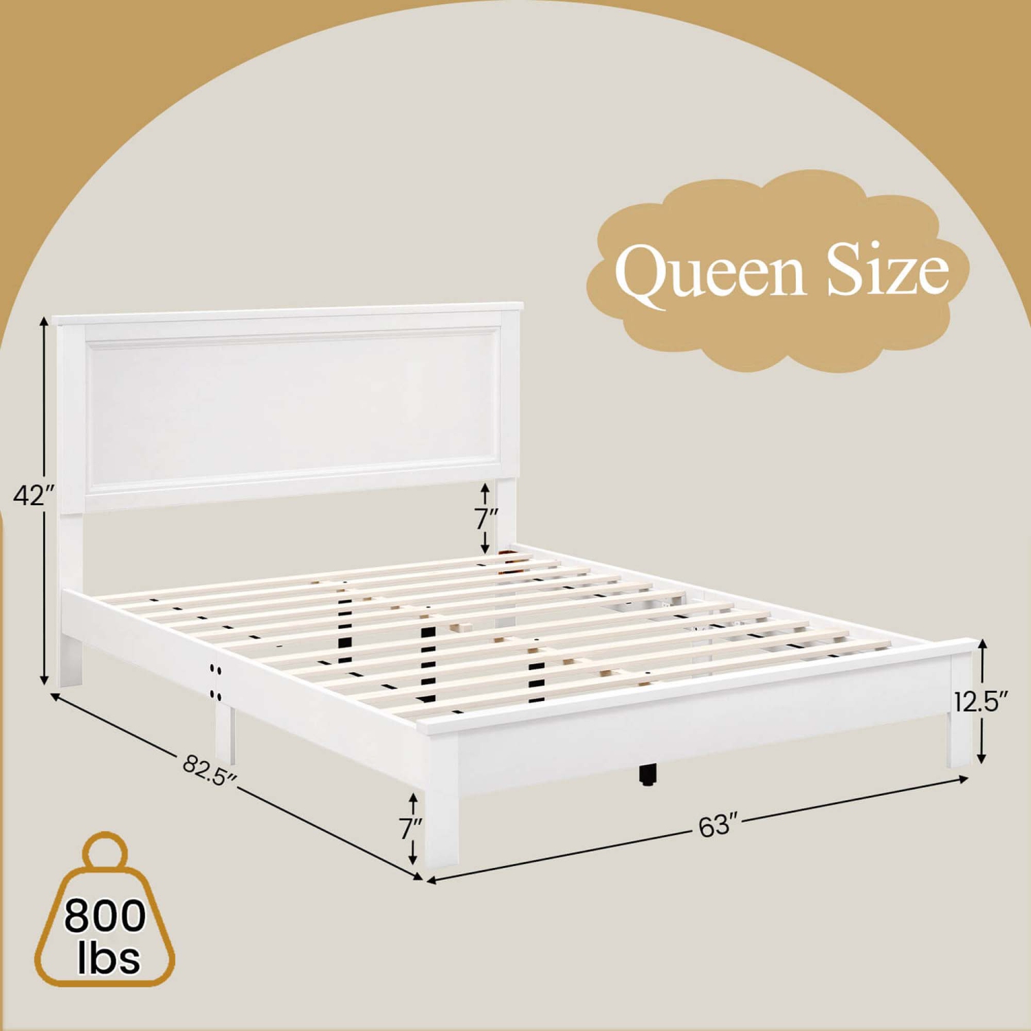 Costway Queen Size Bed Frame Platform Slat High Headboard Bedroom Rubber Wood Leg White
