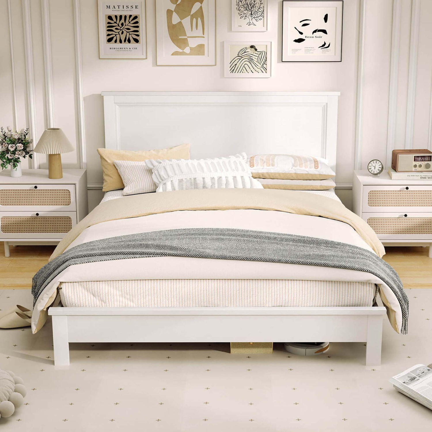Costway Queen Size Bed Frame Platform Slat High Headboard Bedroom Rubber Wood Leg White