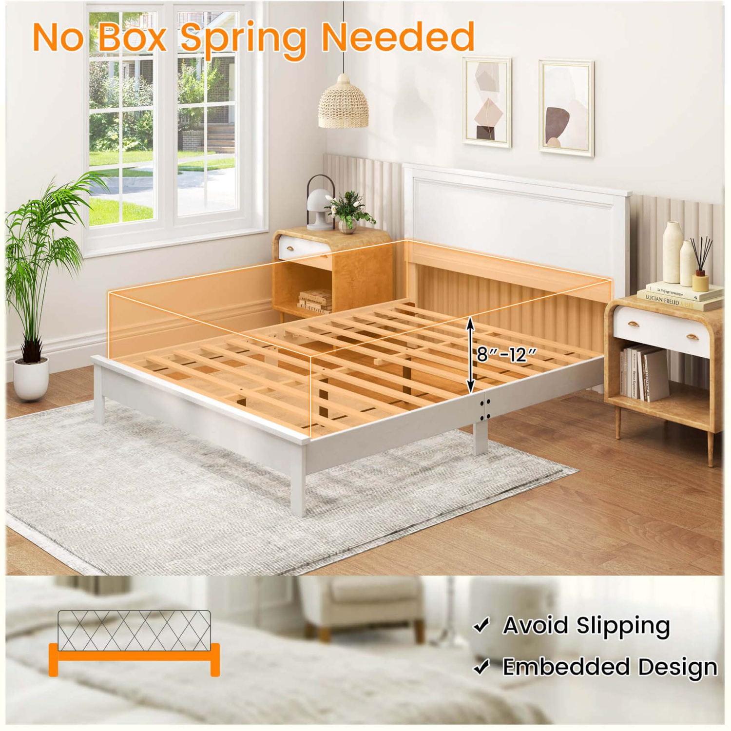 Costway Queen Size Bed Frame Platform Slat High Headboard Bedroom Rubber Wood Leg White