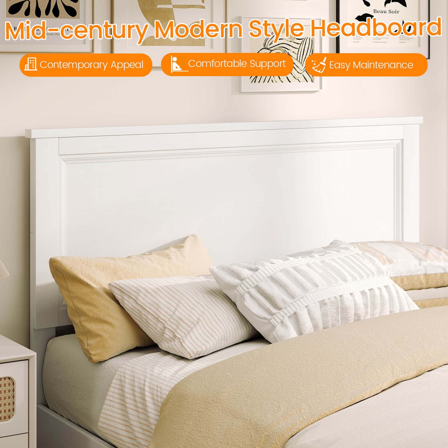 Cadre de lit double avec lattes de chaise haute de Costway pour chambre à coucher avec pieds en bois de caoutchouc blanc