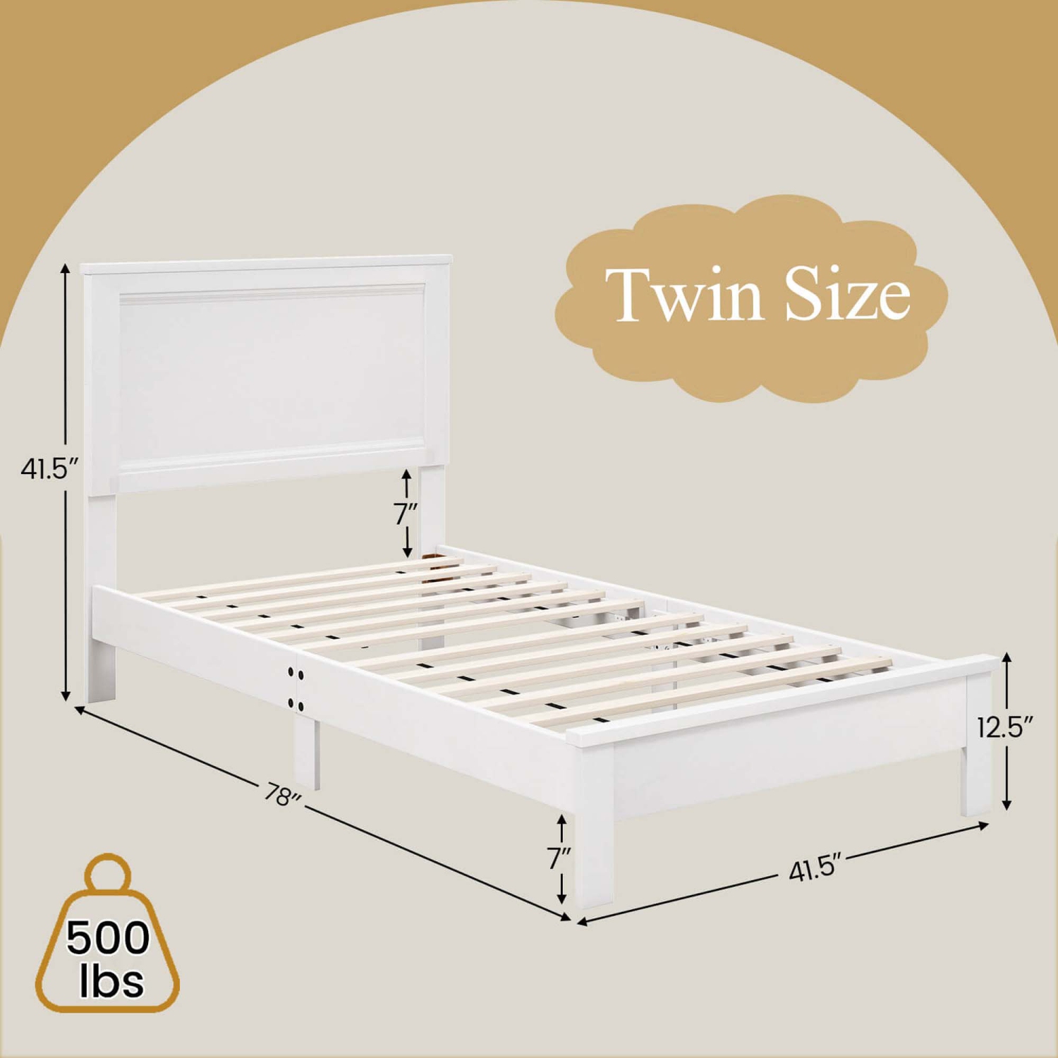 Costway Twin Size Bed Frame Platform Slat High Headboard Bedroom Rubber Wood Leg White