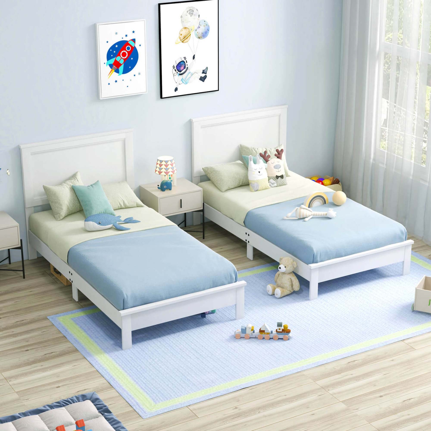 Costway Twin Size Bed Frame Platform Slat High Headboard Bedroom Rubber Wood Leg White