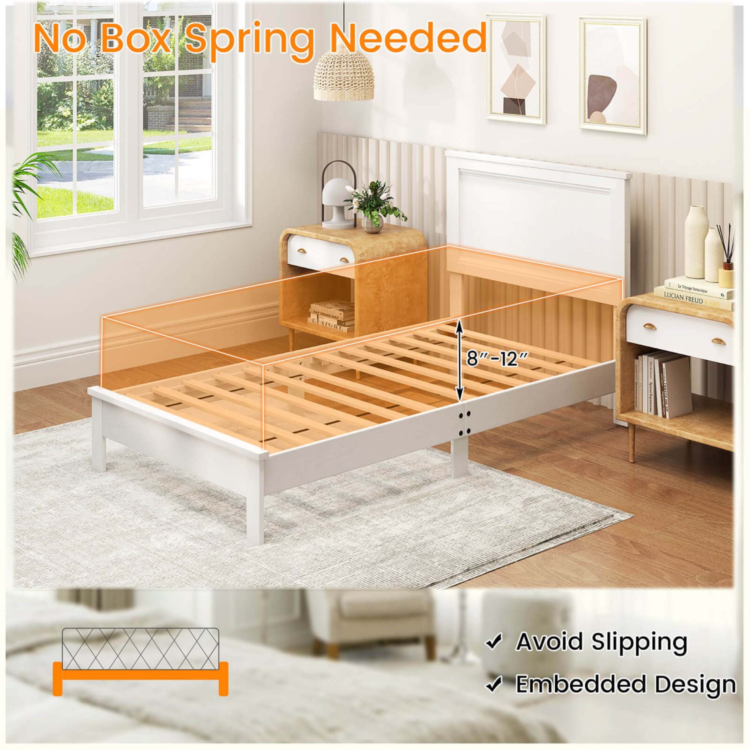 Costway Twin Size Bed Frame Platform Slat High Headboard Bedroom Rubber Wood Leg White