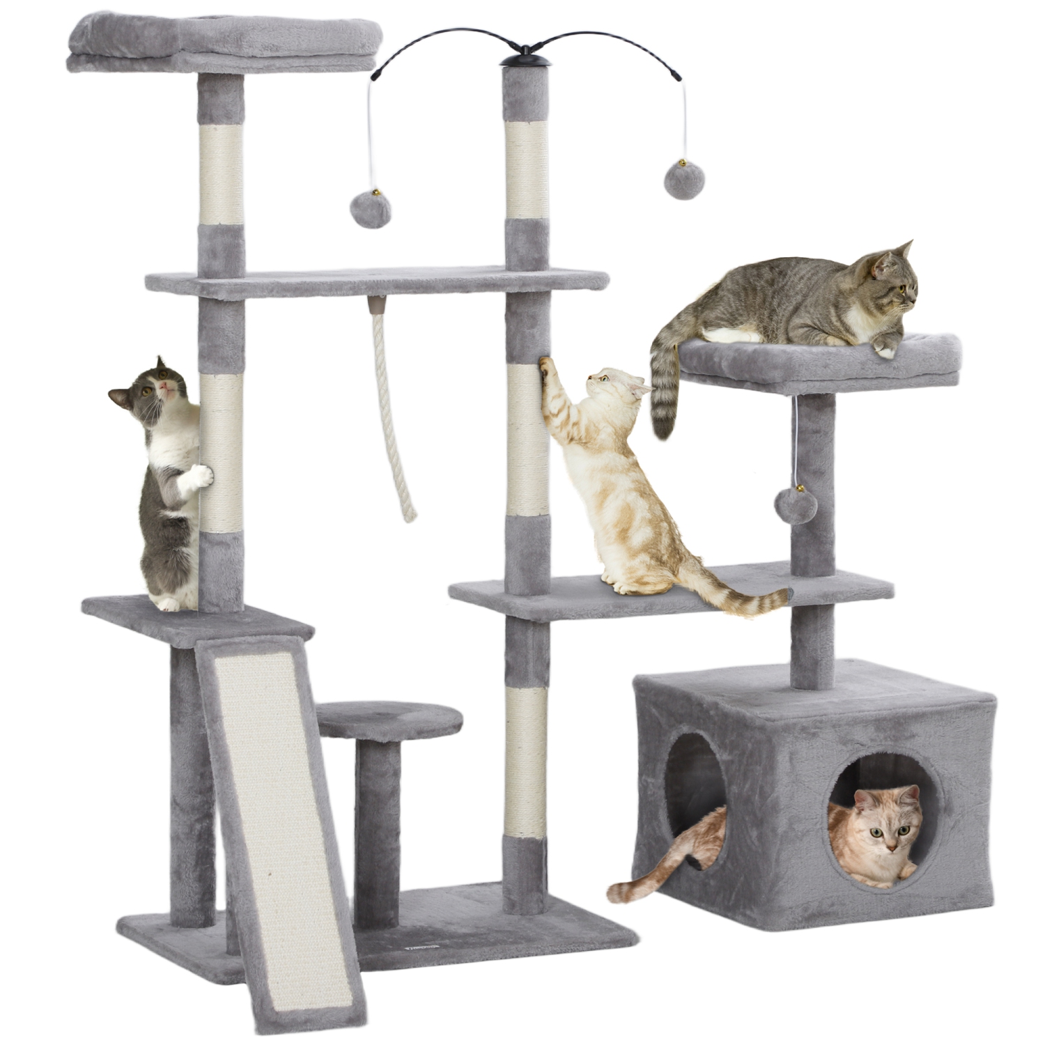 PawHut 53" Cat Tree, Multi-Level Cat Tower for Indoor Cats with Sisal Scratching Posts, Cat Condo, Beds, Platforms, Ramp, Toy Balls, Cat Activity