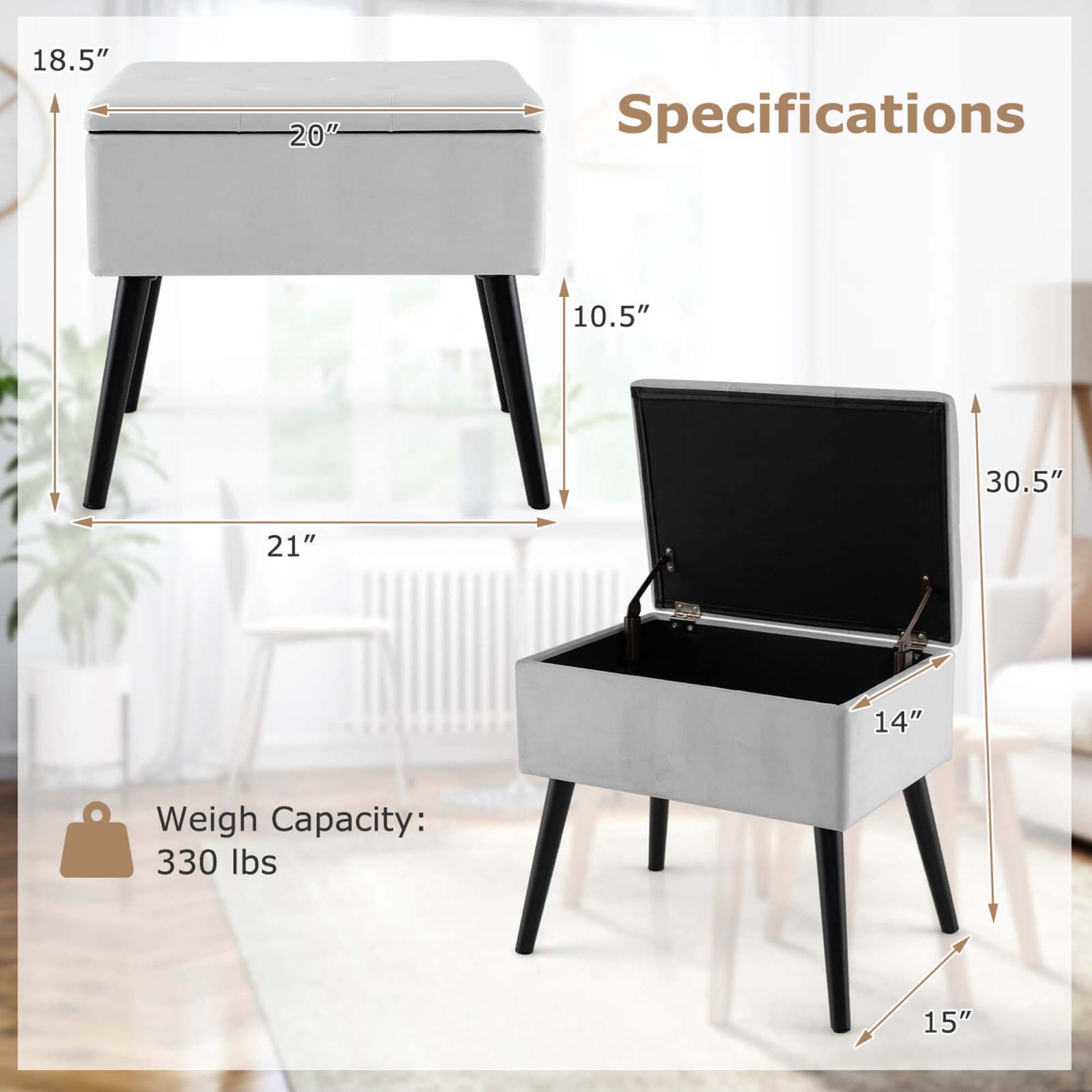Ensemble de 2 tabourets de salle de bain en velours avec pattes de rangement en bois massif à dessus rabattable pour l'entrée de Costway