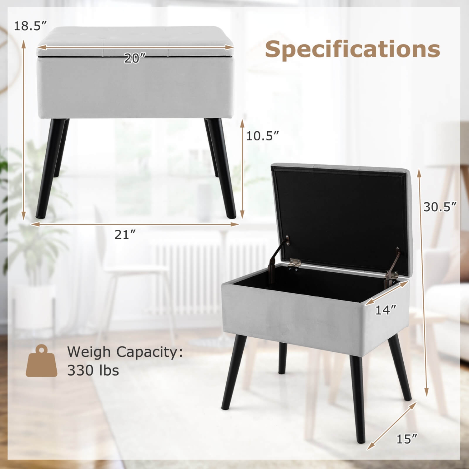 Costway Velvet Vanity Stool Ottoman with Storage Solid Wood Legs Flip-Up Top for Entryway