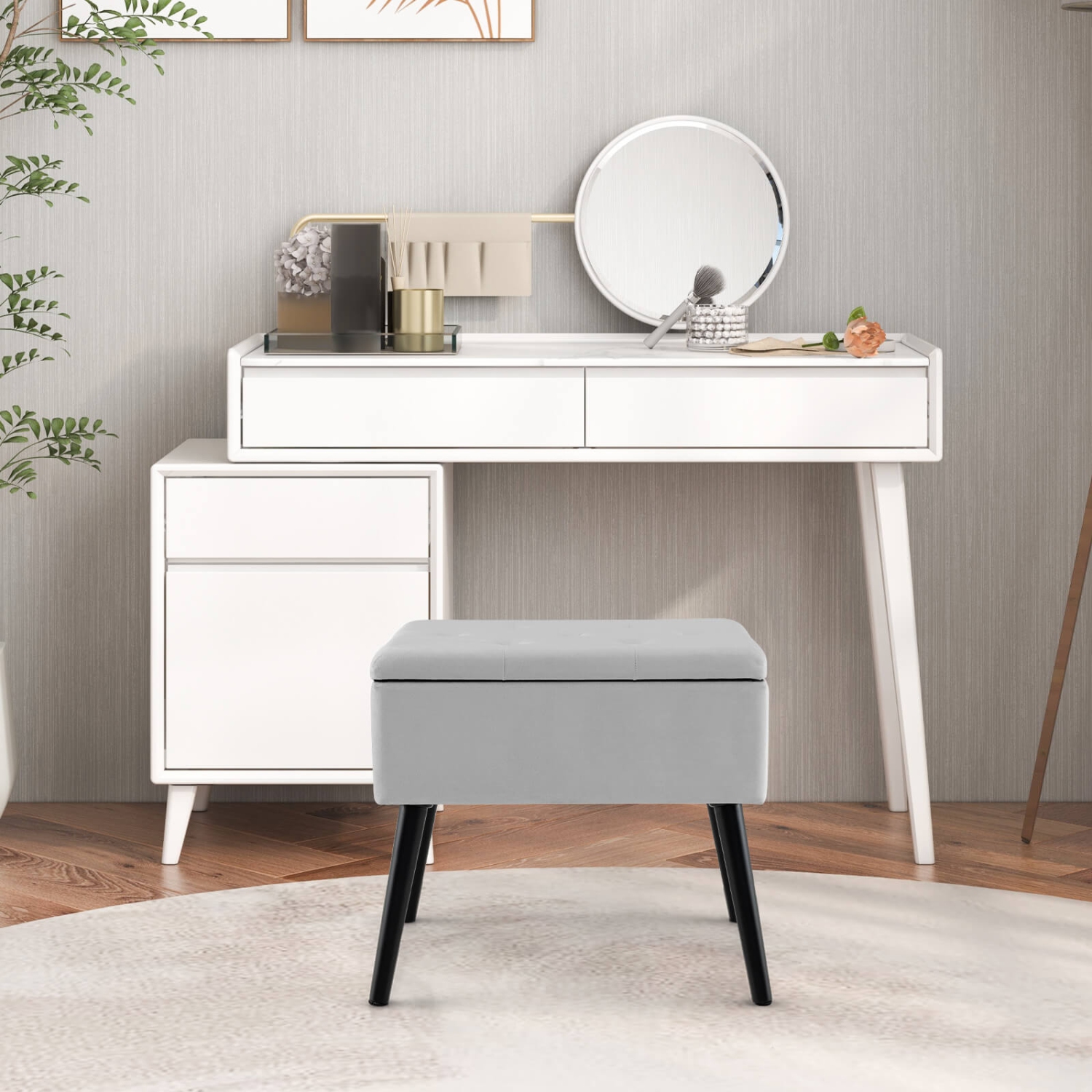 Costway Velvet Vanity Stool Ottoman with Storage Solid Wood Legs Flip-Up Top for Entryway