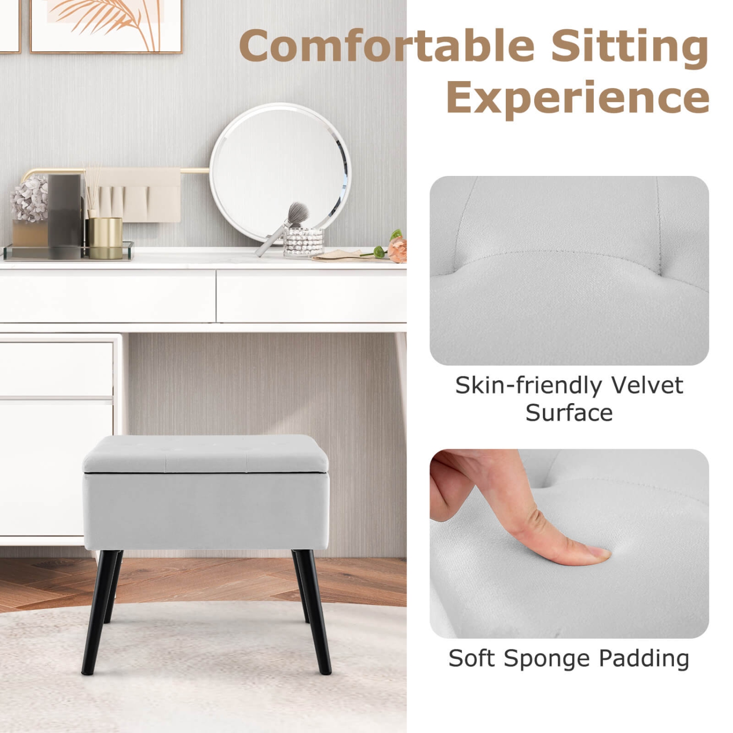 Costway Velvet Vanity Stool Ottoman with Storage Solid Wood Legs Flip-Up Top for Entryway