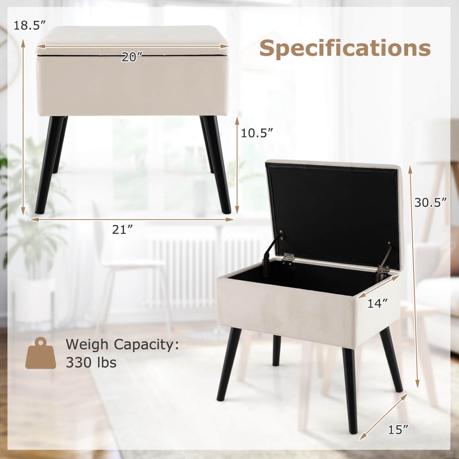 Costway Velvet Vanity Stool Ottoman with Storage Solid Wood Legs Flip-Up Top for Entryway