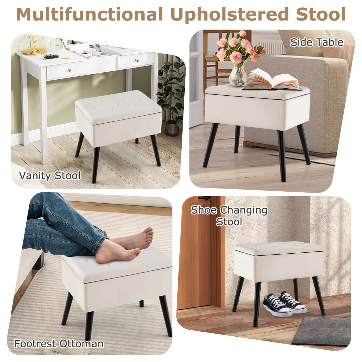 Costway Velvet Vanity Stool Ottoman with Storage Solid Wood Legs Flip-Up Top for Entryway