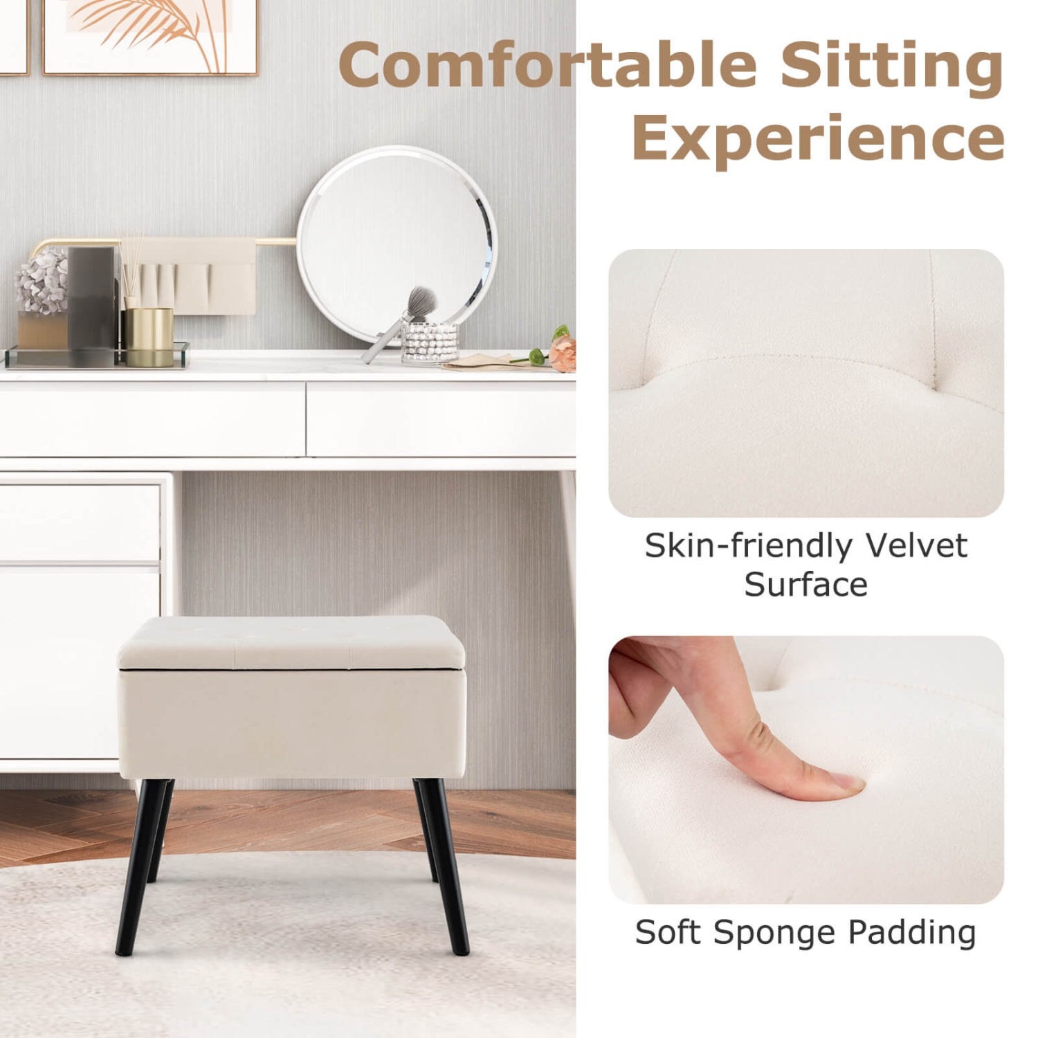 Costway Velvet Vanity Stool Ottoman with Storage Solid Wood Legs Flip-Up Top for Entryway