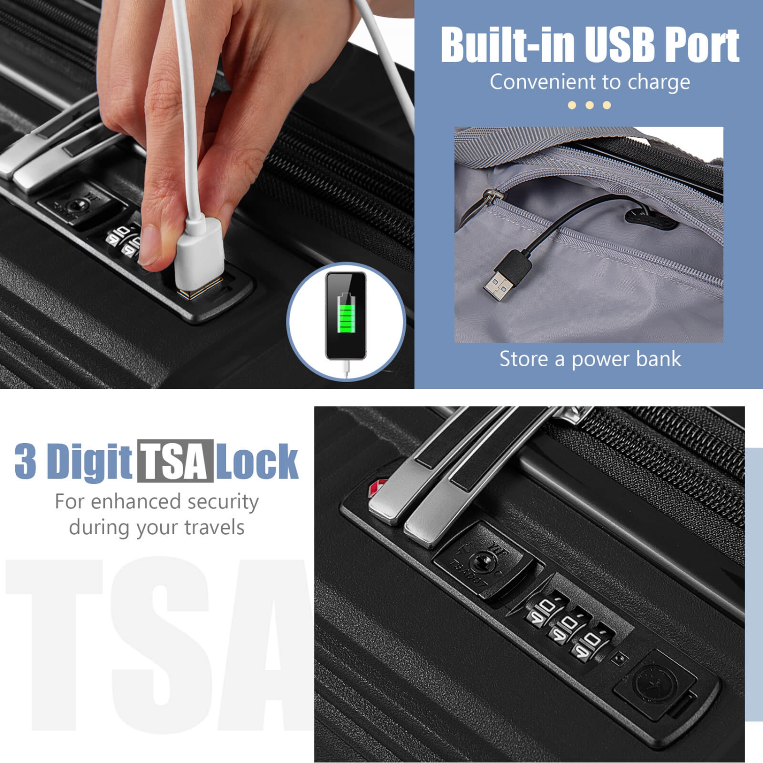 Ensemble de 2 valises de cabine 20 po et étui à cosmétiques 14 po avec port USB TSA Lock
