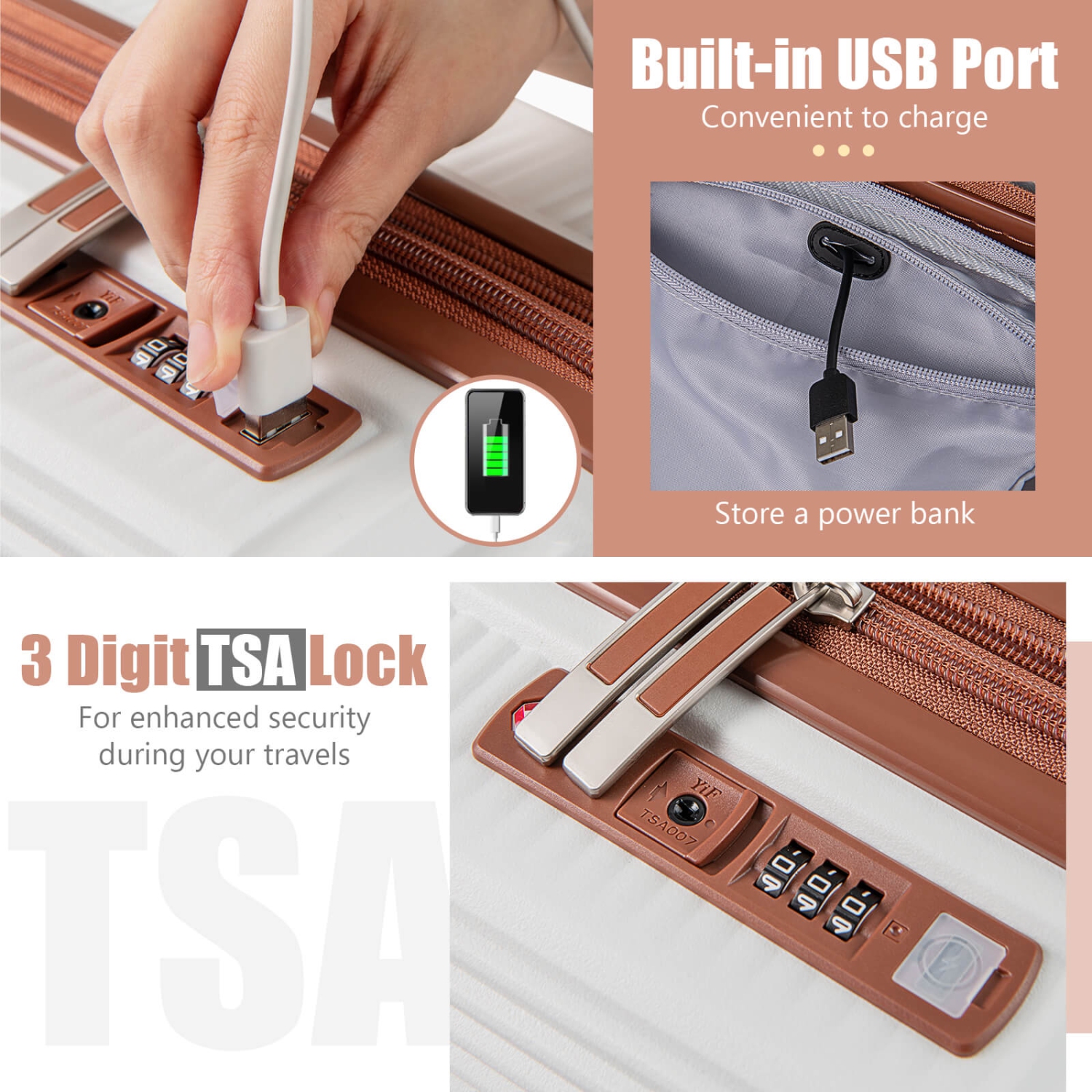 2 PCS Luggage Set 20" Carry-on Suitcase & 14" Cosmetic Case w/ TSA Lock USB Port