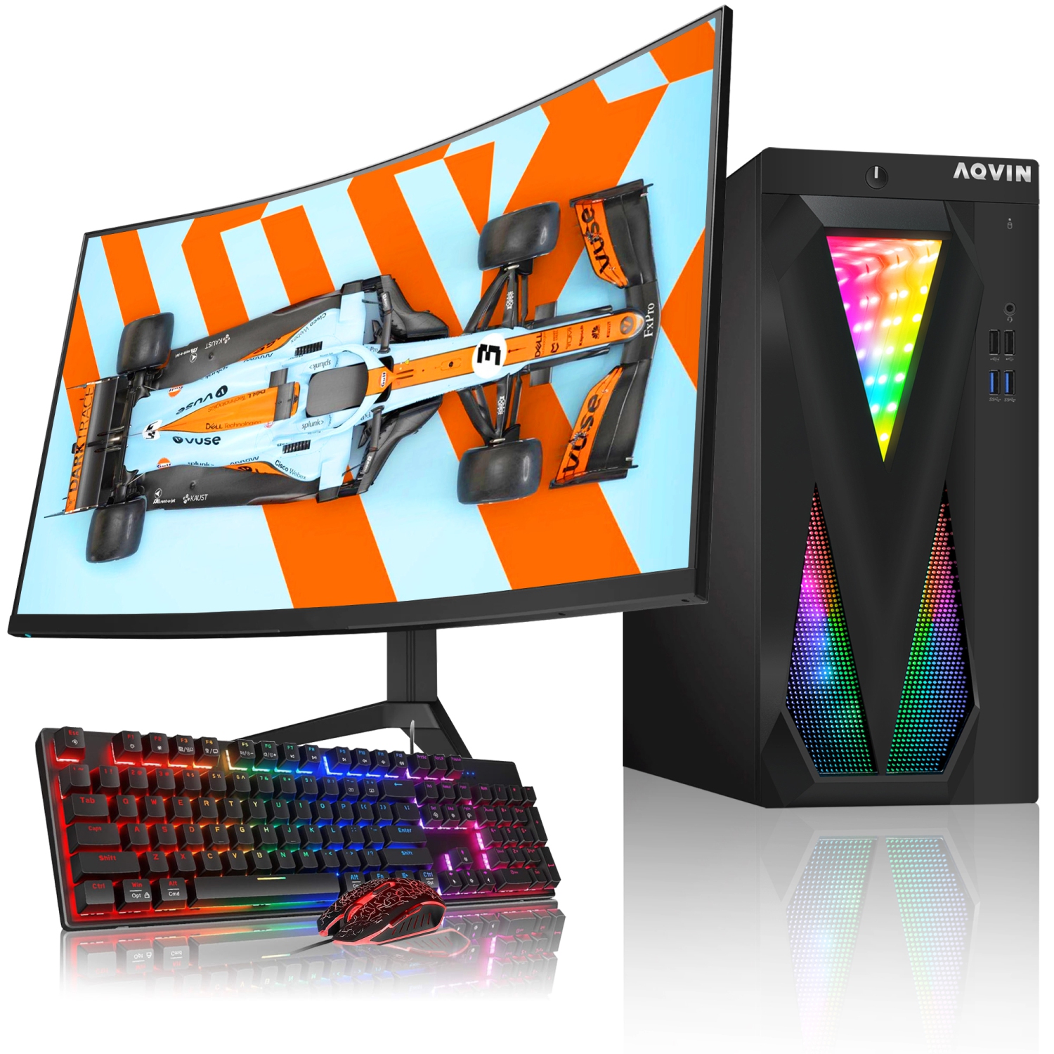 Refurbished (Excellent) - Custom built RGB gaming pc - AQVIN | ray tracing nvidia graphics card rtx 3050 | intel core i7 | 32gb ram | 2tb ssd | windows 11 Pro | 27" curved monitor