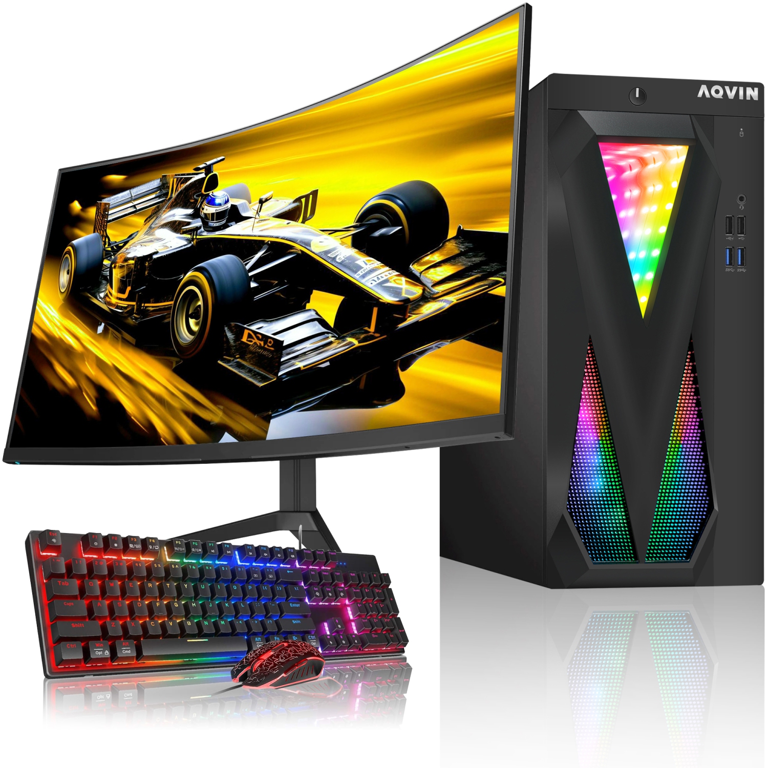 Refurbished (Excellent) - Custom built RGB gaming pc - AQVIN | ray tracing nvidia graphics card rtx 3050 | intel core i7 | 32gb ram | 2tb ssd | windows 11 Pro | 24" curved monitor